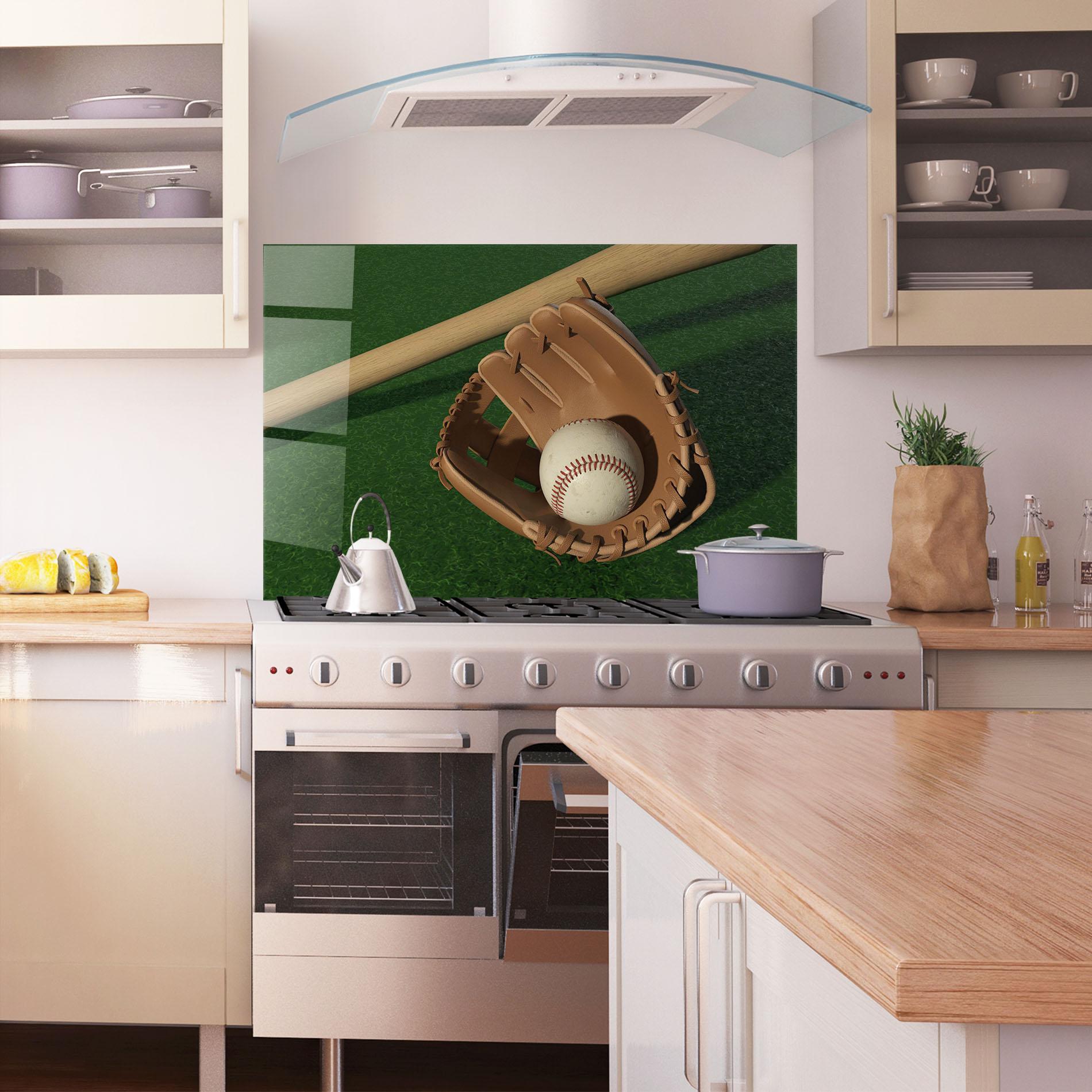 Küchenrückwand Glas Baseball Glove On Green mockup 1