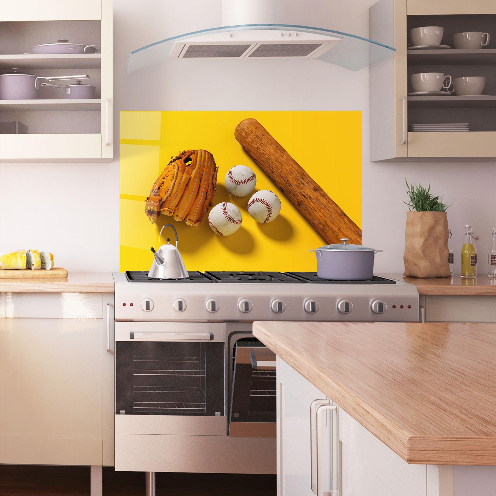 Küchenrückwand Glas Baseball Set On Yellow mockup 1