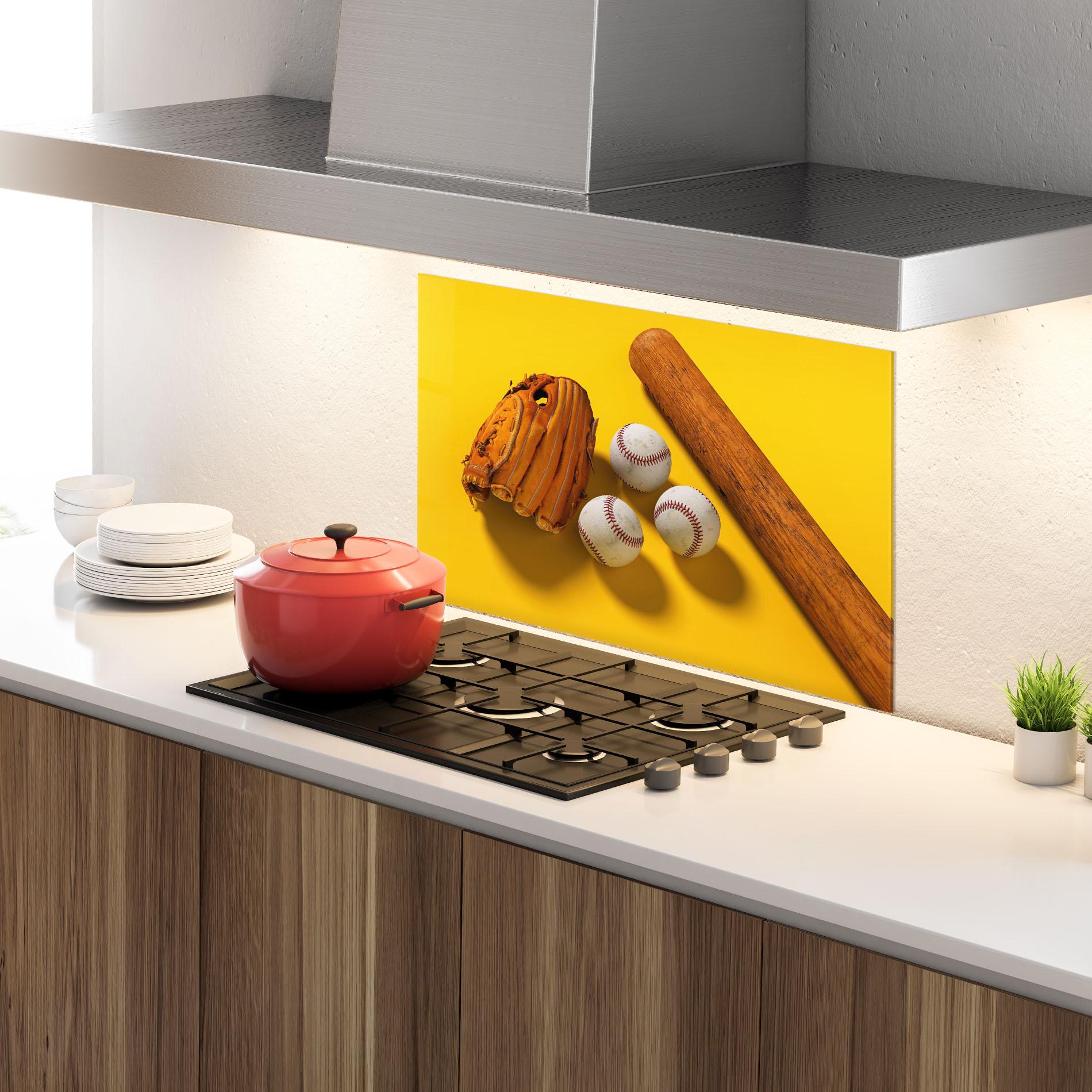 Küchenrückwand Glas Baseball Set On Yellow mockup 4