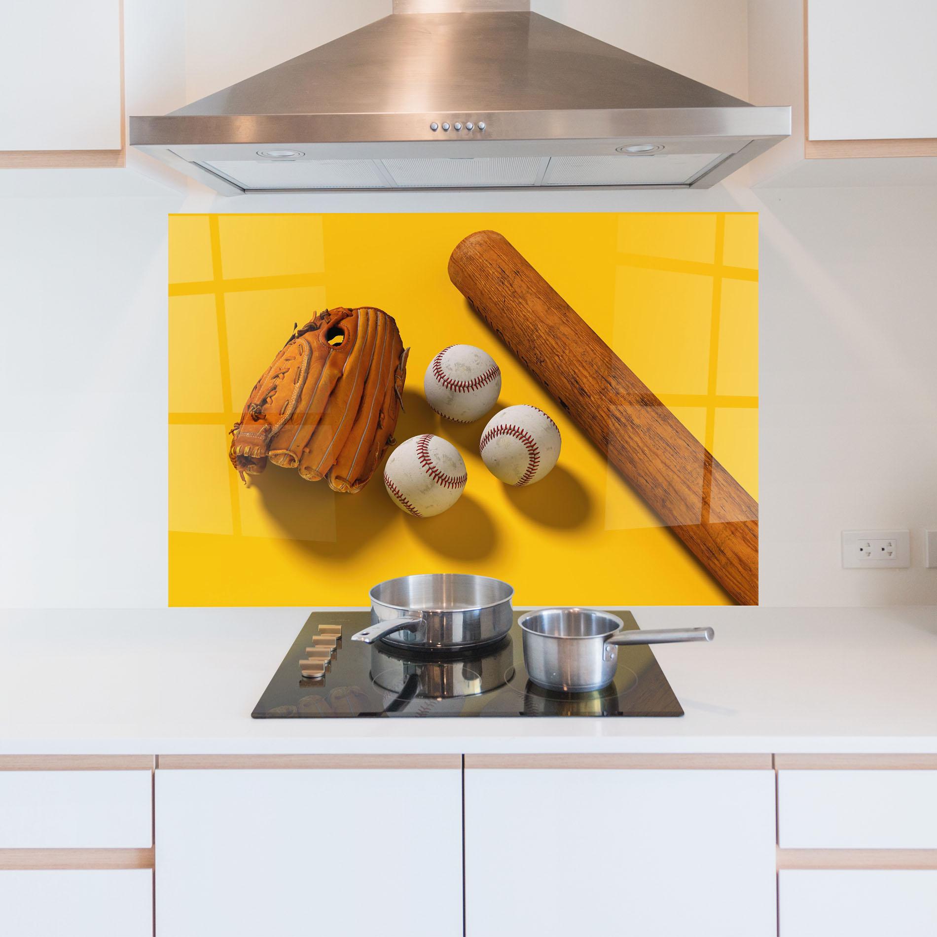 Küchenrückwand Glas Baseball Set On Yellow mockup 5