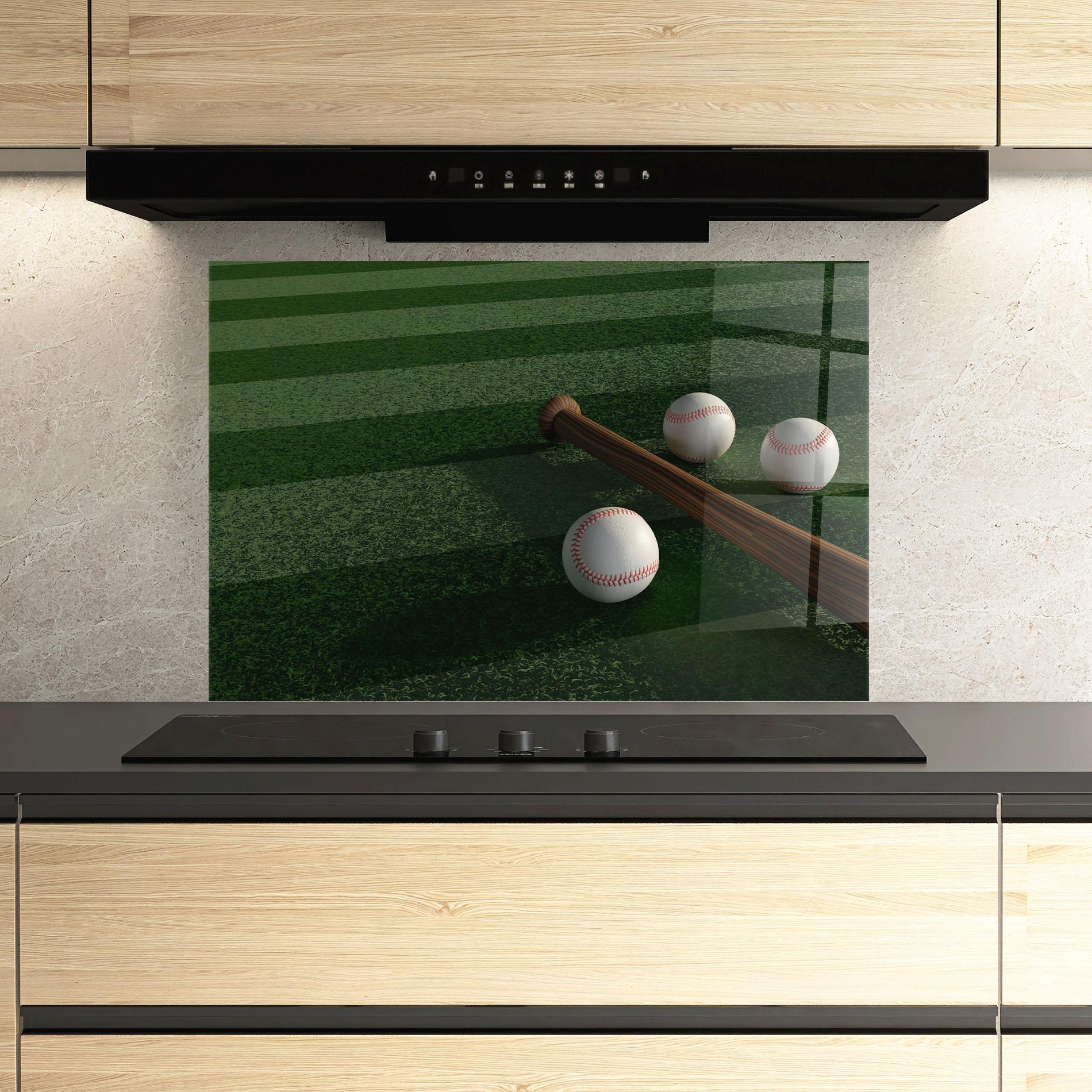 Küchenrückwand Glas Baseball Balls On Grass mockup 3