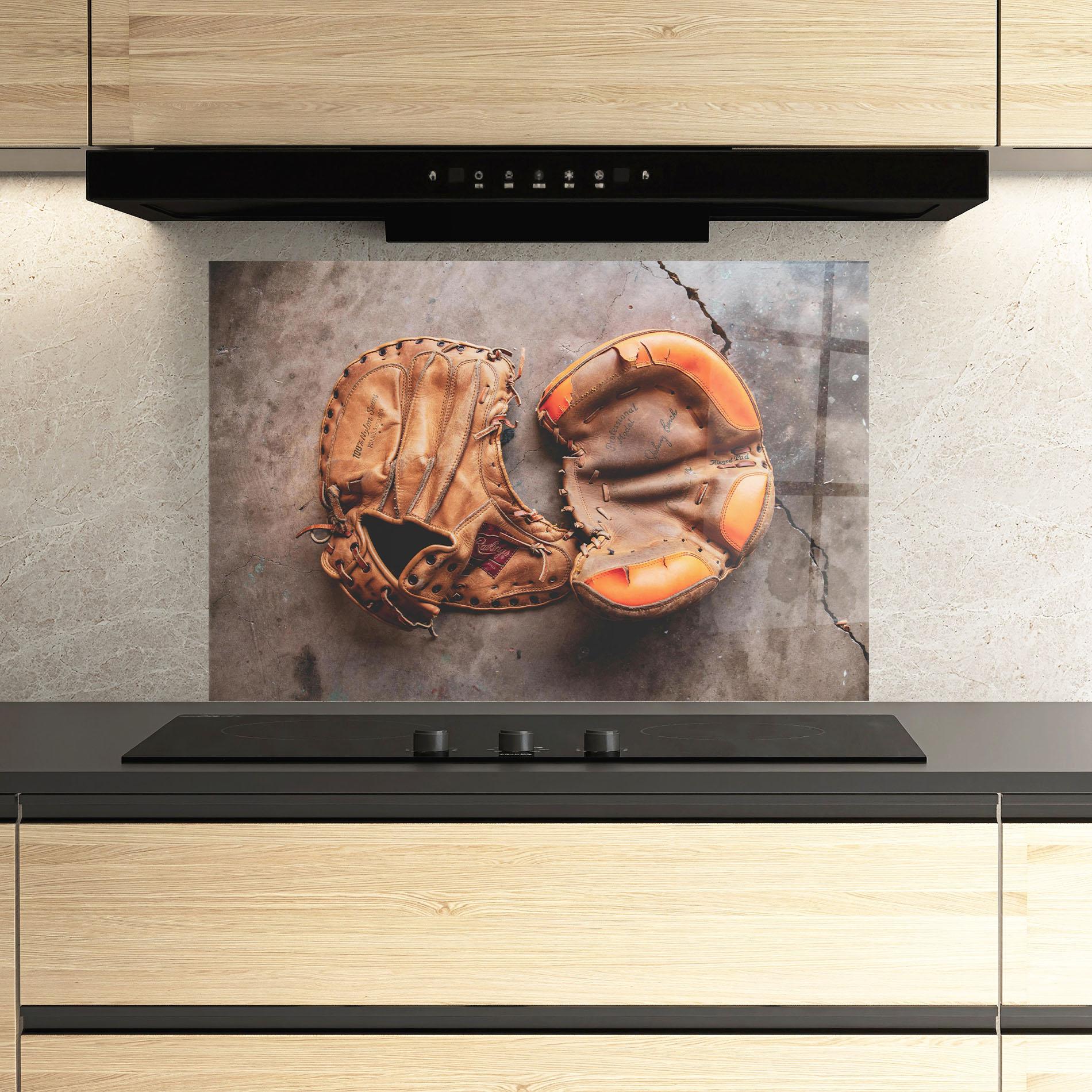Küchenrückwand Glas Brown Orange Baseball Gloves mockup 3