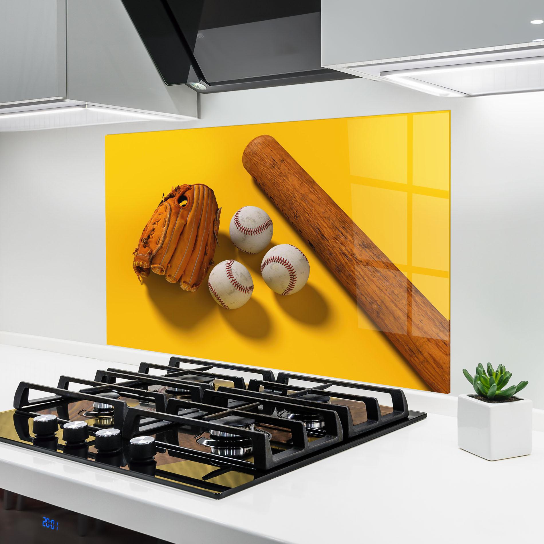 Küchenrückwand Glas Baseball Set On Yellow mockup 6