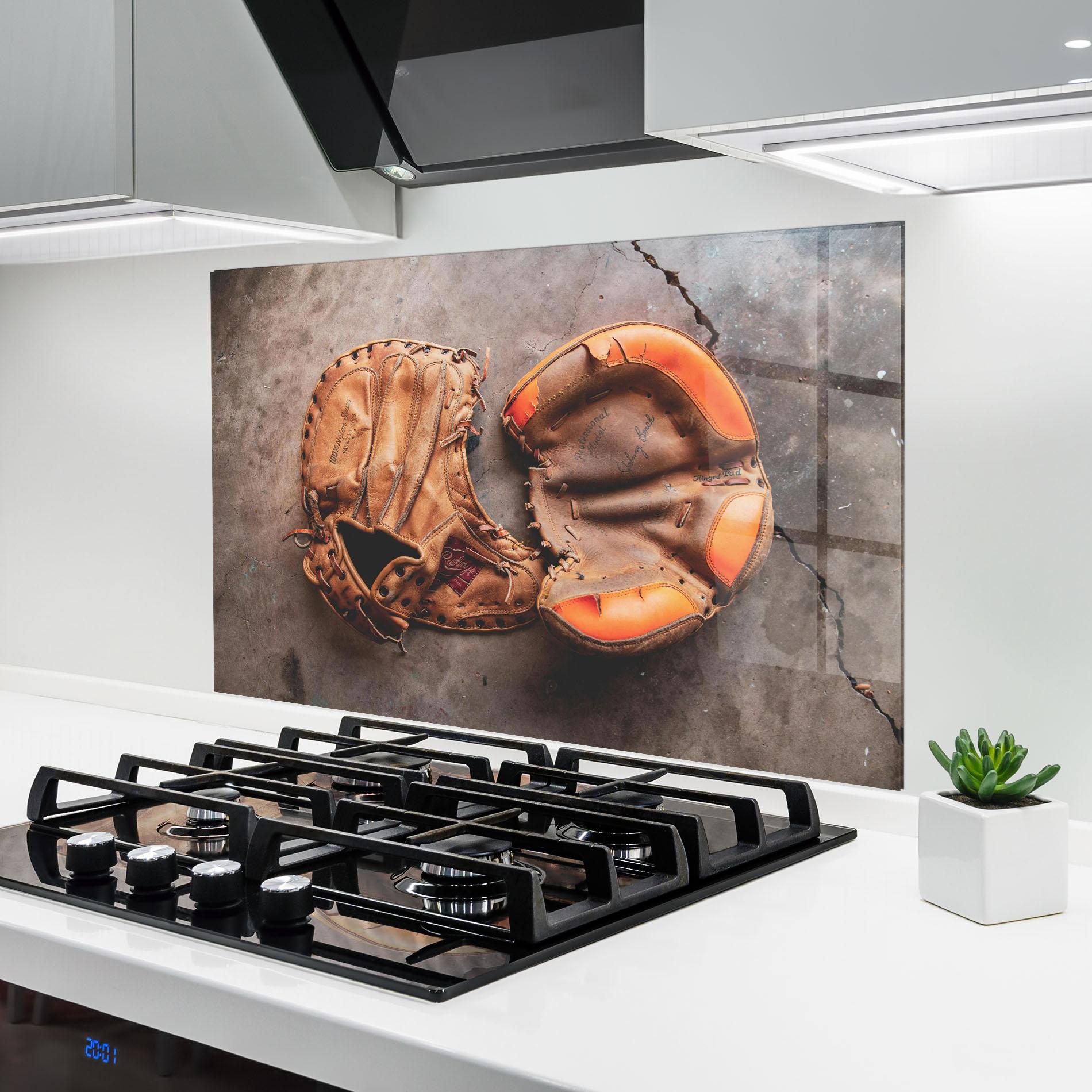 Küchenrückwand Glas Brown Orange Baseball Gloves mockup 6