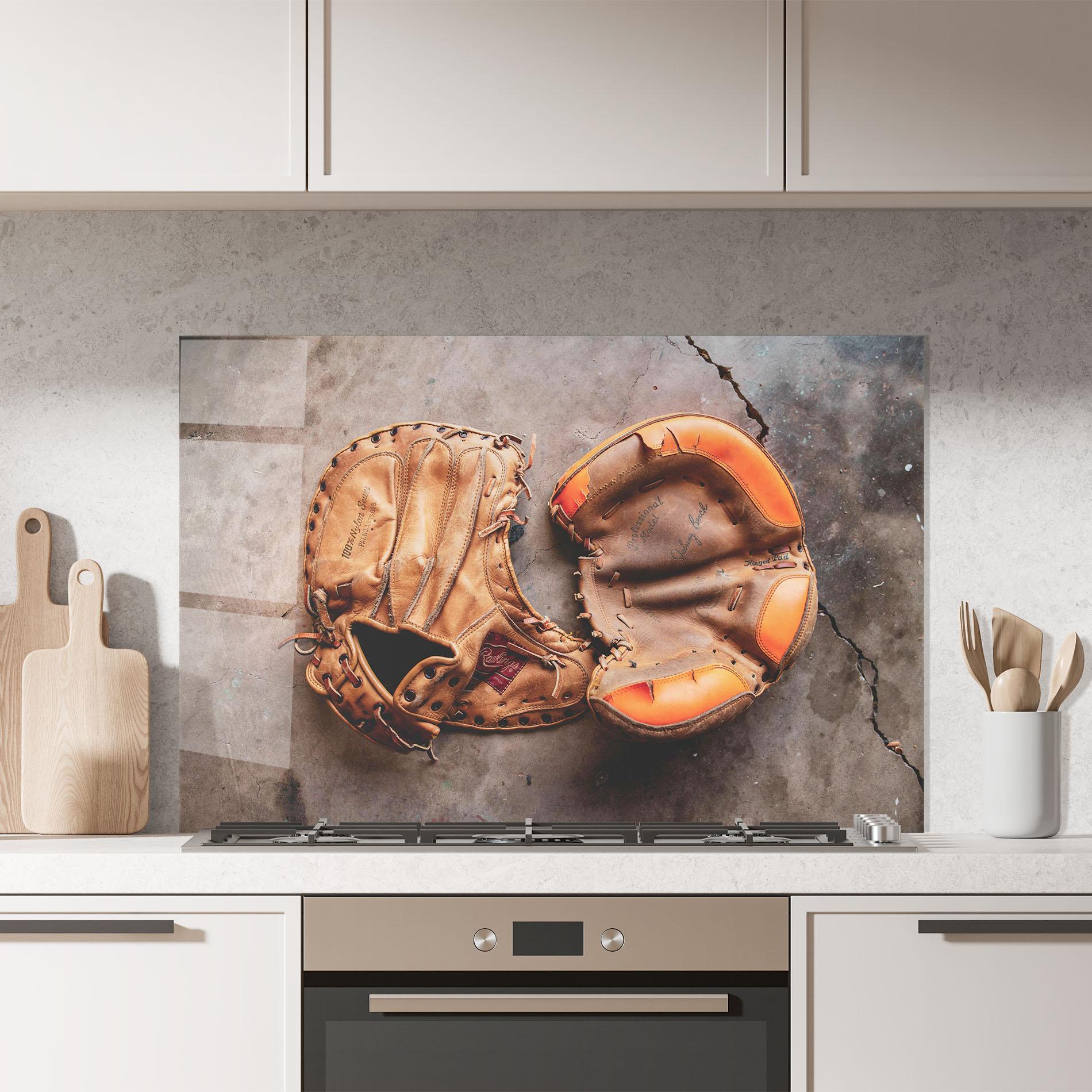 Küchenrückwand Glas Brown Orange Baseball Gloves mockup 7