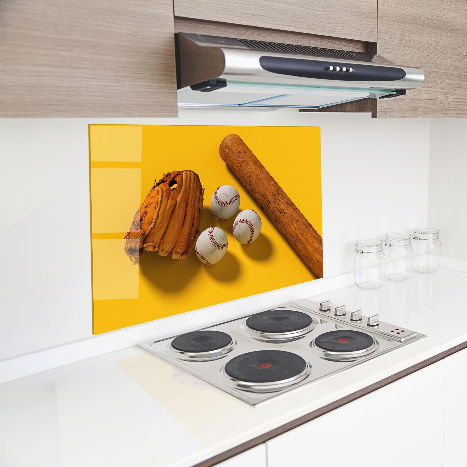 Küchenrückwand Glas Baseball Set On Yellow mockup 8