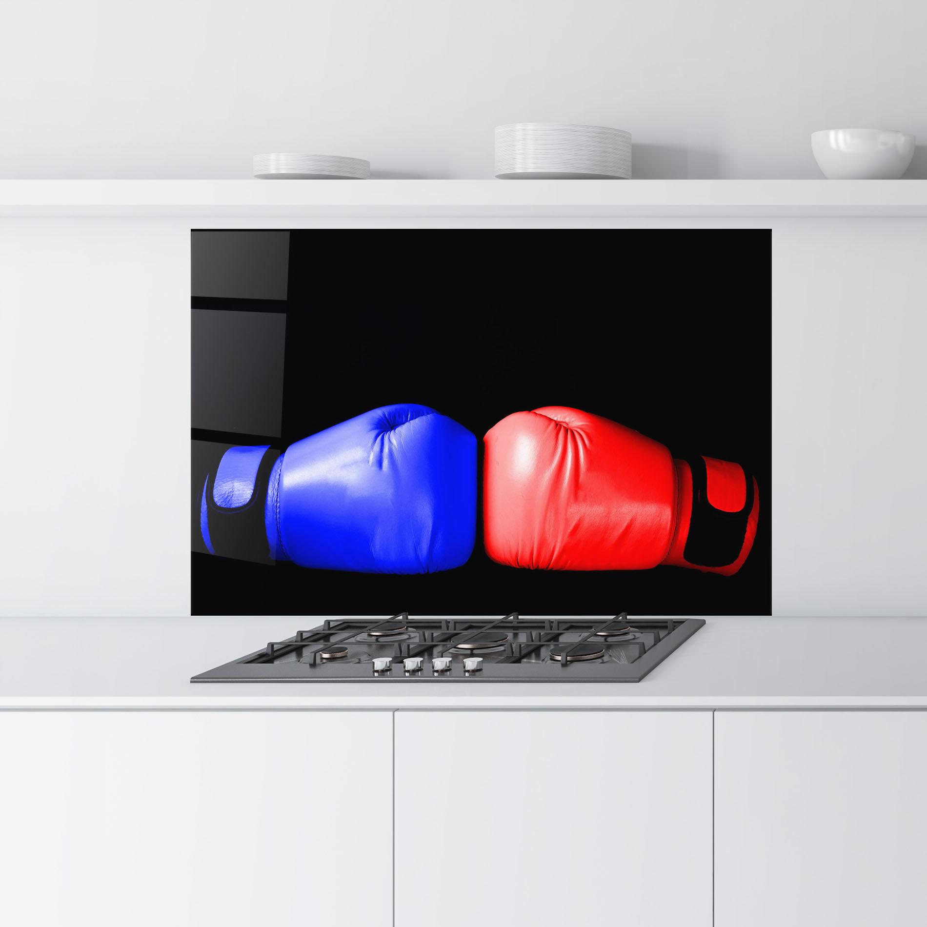 Küchenrückwand Glas Boxing Blue Red Glove mockup 9