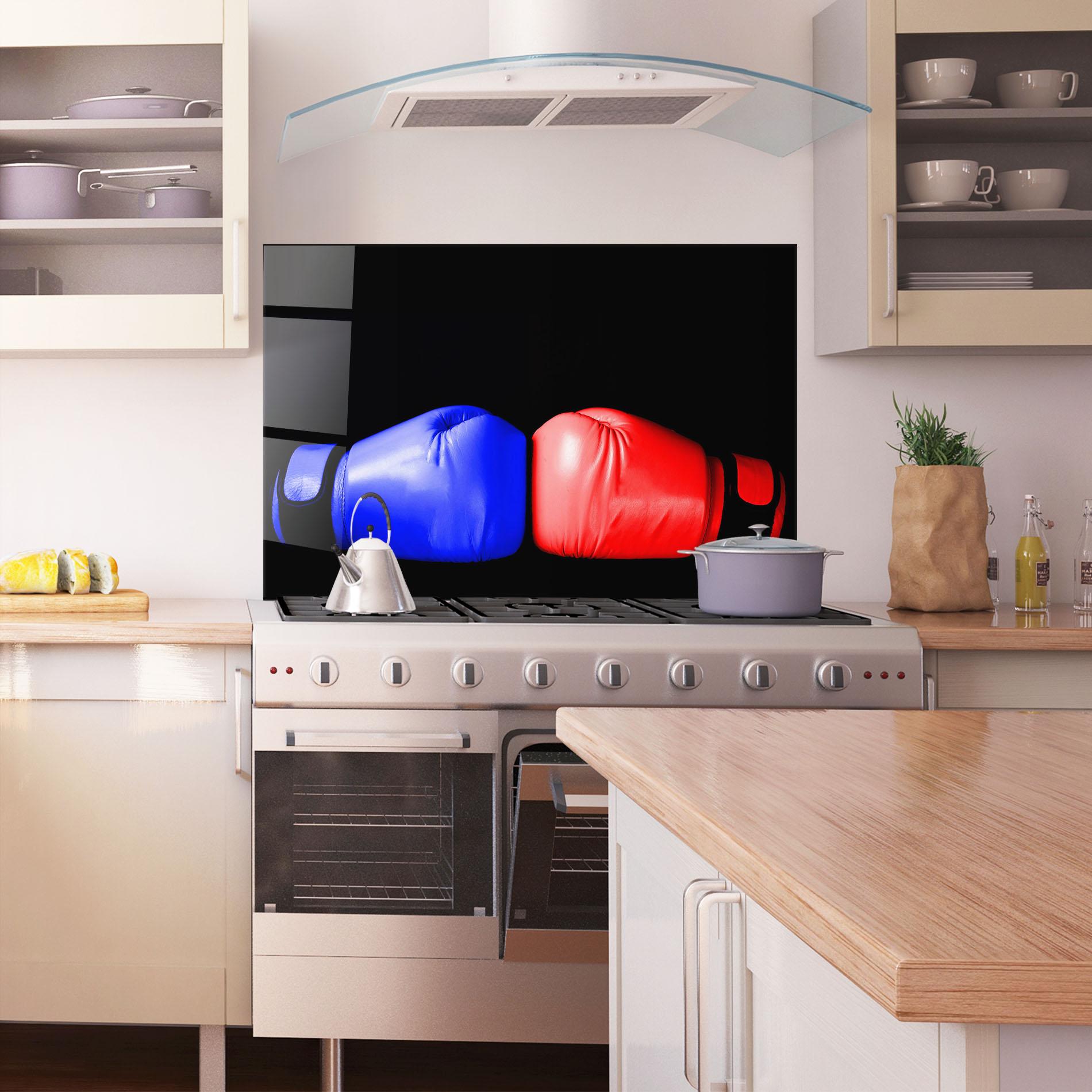 Küchenrückwand Glas Boxing Blue Red Glove mockup 1