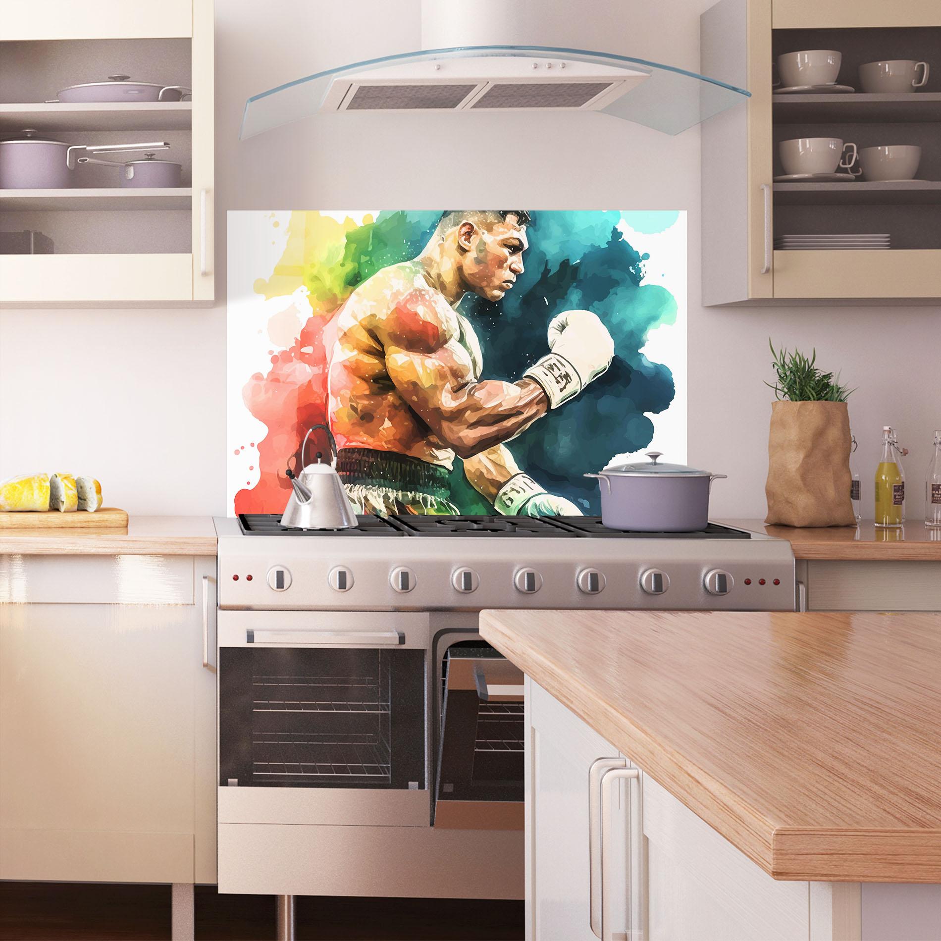 Küchenrückwand Glas Boxing Blue Red mockup 1