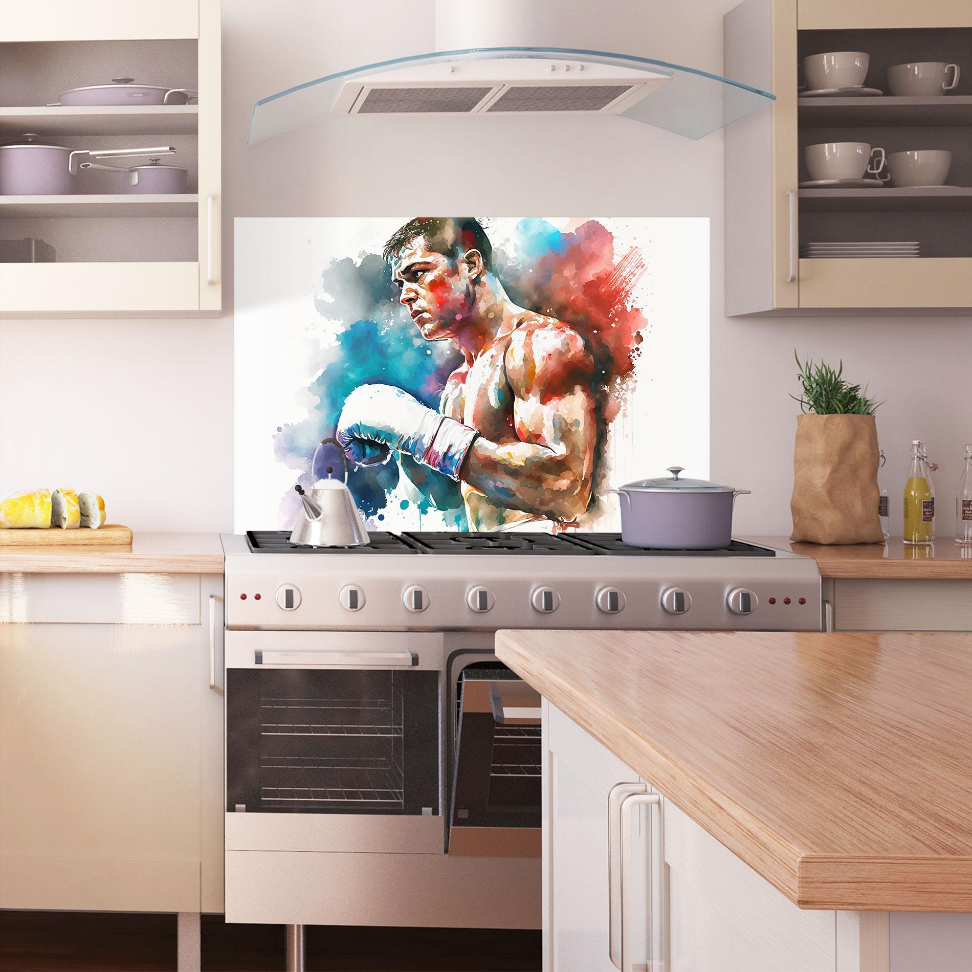 Küchenrückwand Glas Boxing Red Blue mockup 1