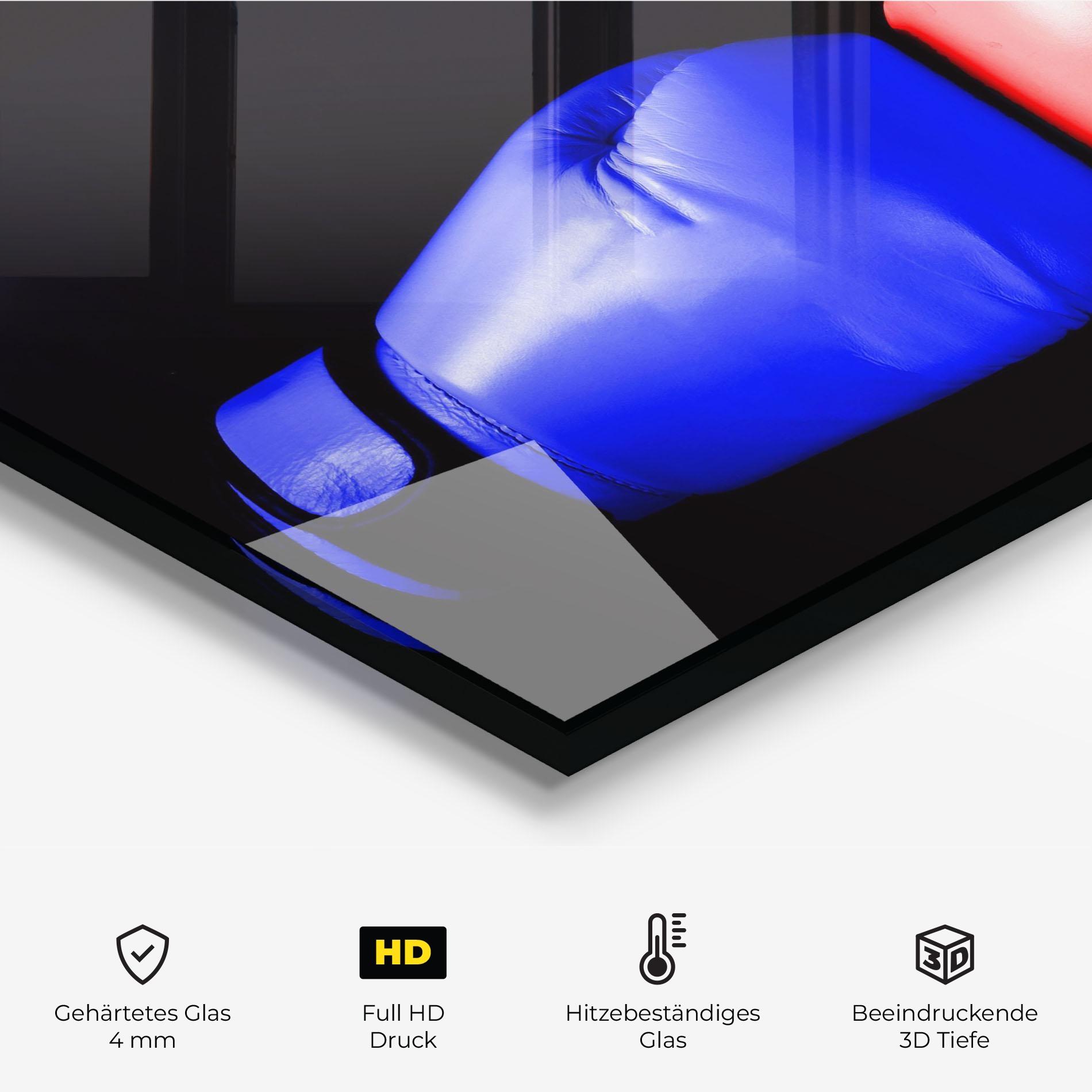 Küchenrückwand Glas Boxing Blue Red Glove mockup 2