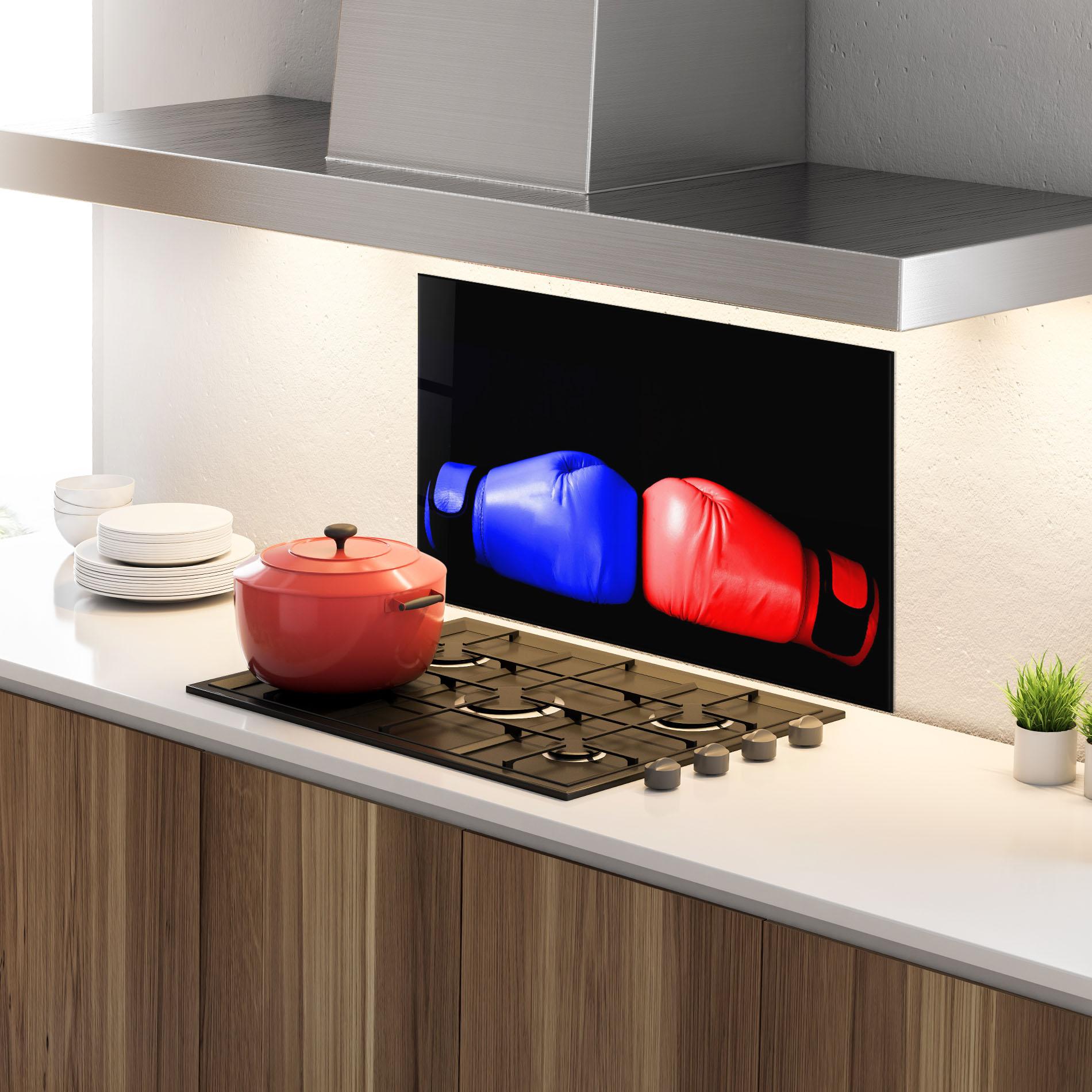 Küchenrückwand Glas Boxing Blue Red Glove mockup 4