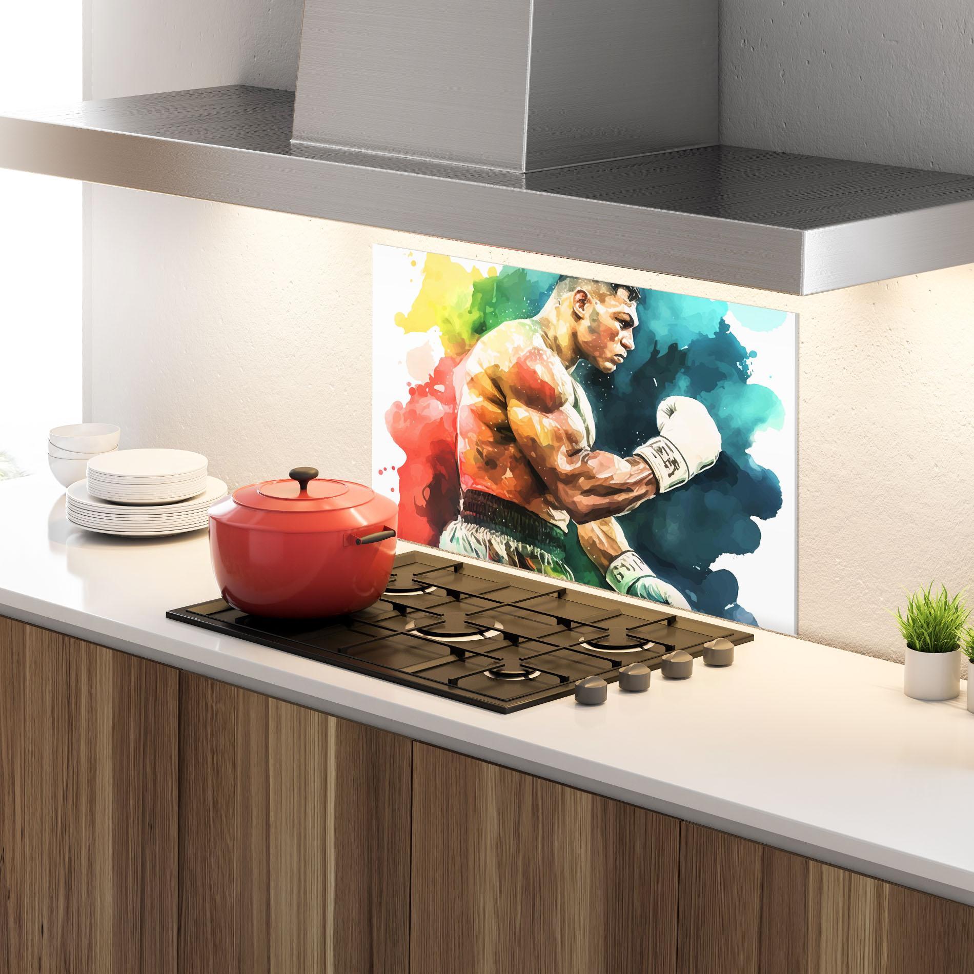 Küchenrückwand Glas Boxing Blue Red mockup 4