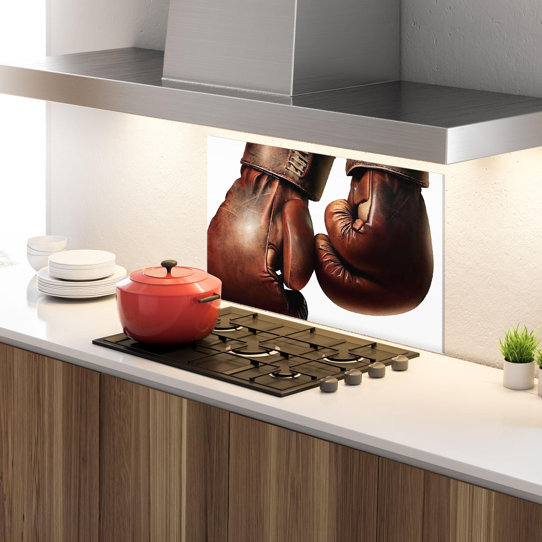 Küchenrückwand Glas Boxing Brown Gloves mockup 4
