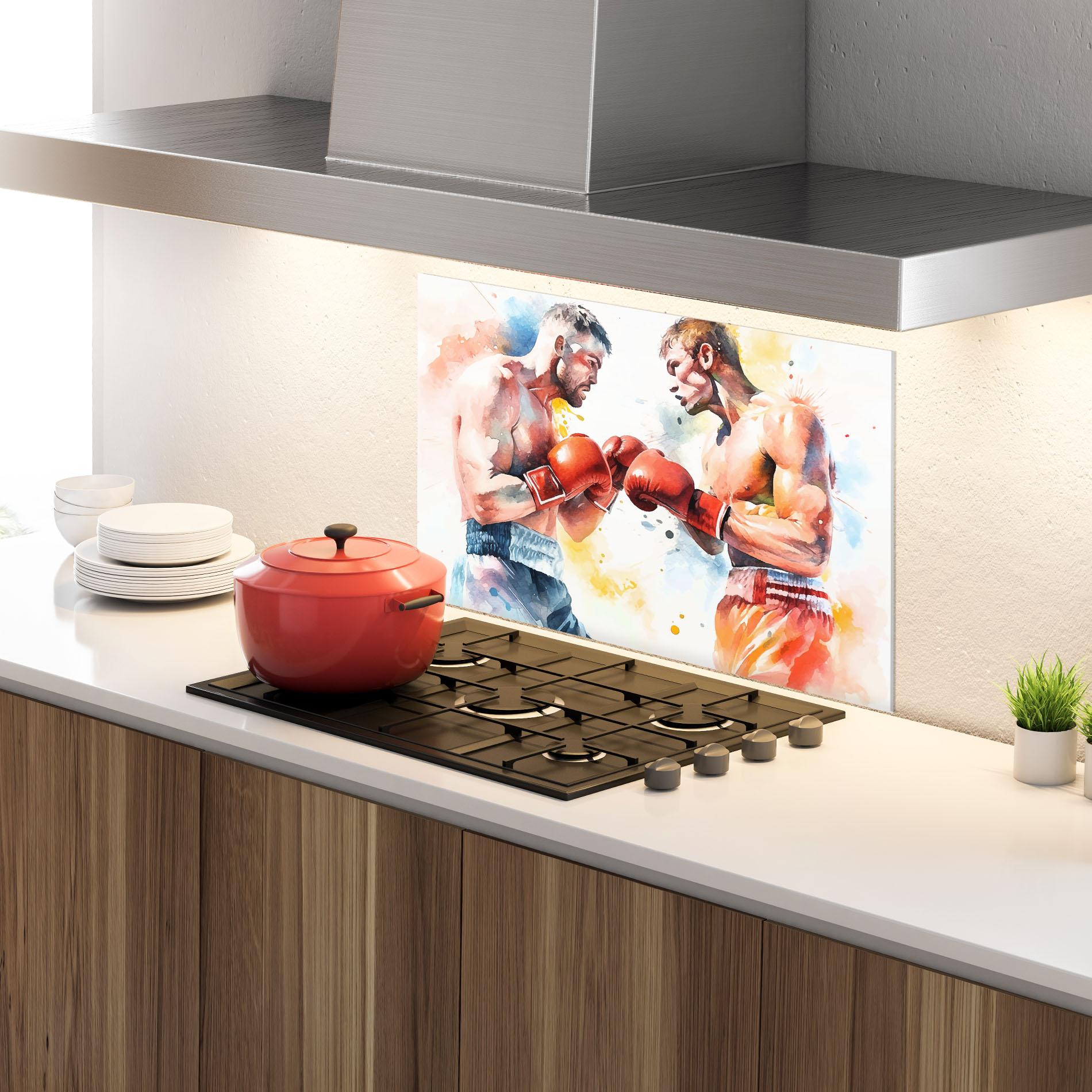 Küchenrückwand Glas Boxing Match Art mockup 4