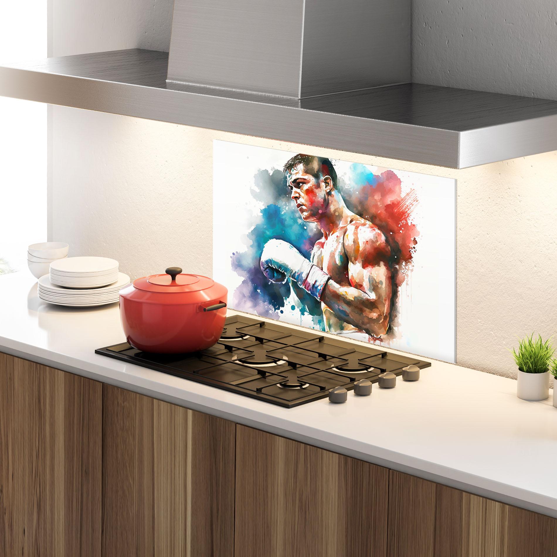 Küchenrückwand Glas Boxing Red Blue mockup 4