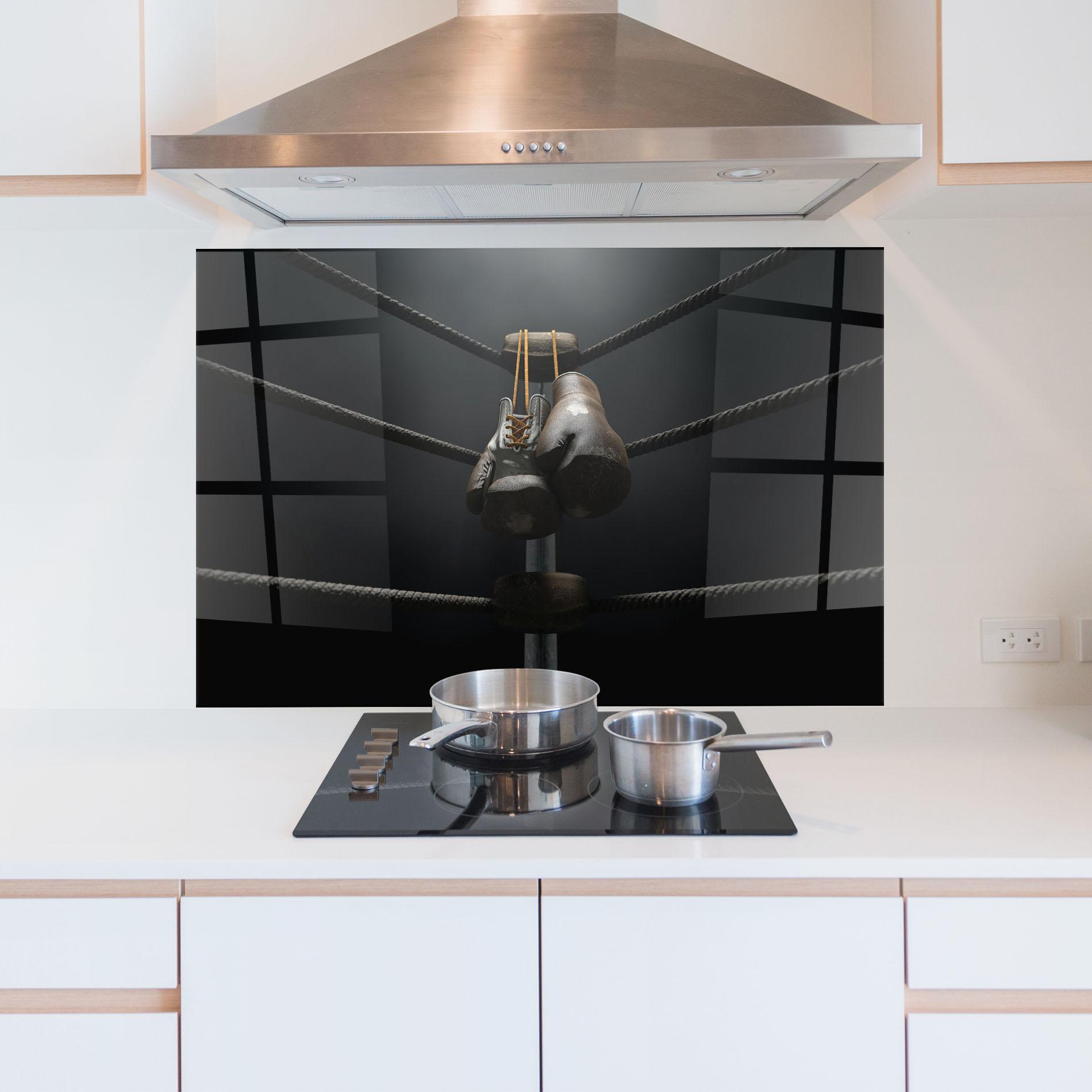 Küchenrückwand Glas Black Boxing Glove mockup 5