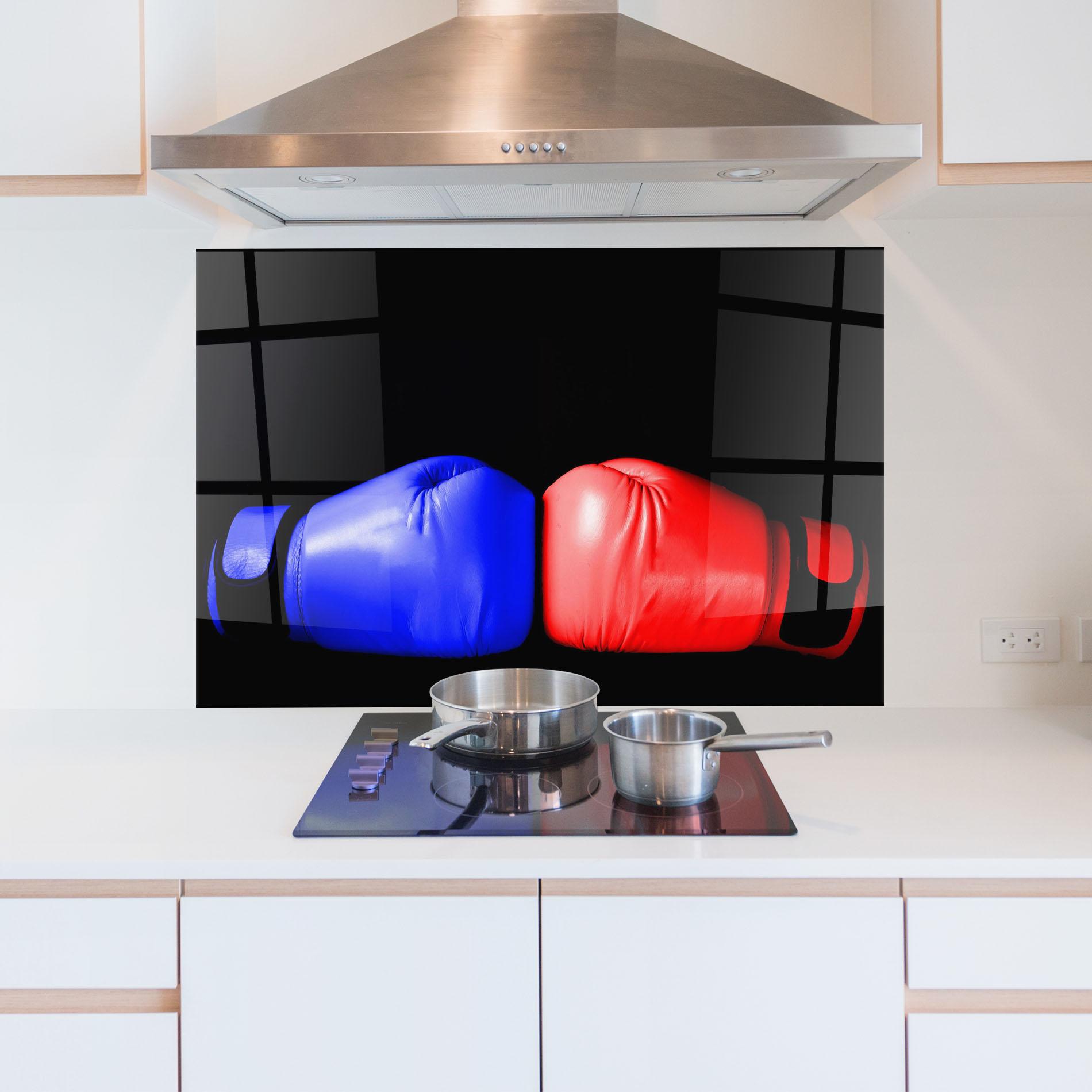 Küchenrückwand Glas Boxing Blue Red Glove mockup 5