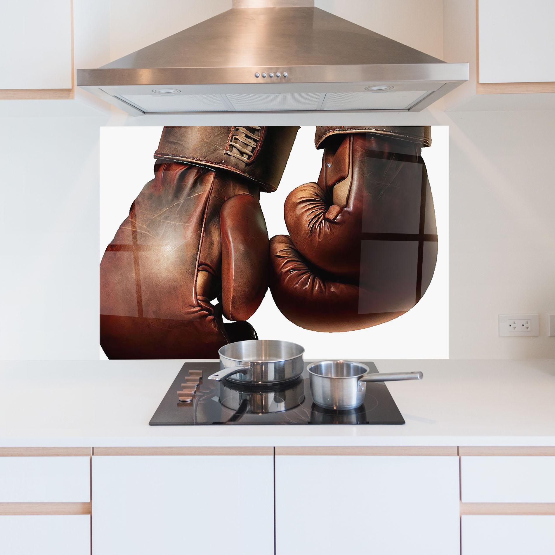 Küchenrückwand Glas Boxing Brown Gloves mockup 5