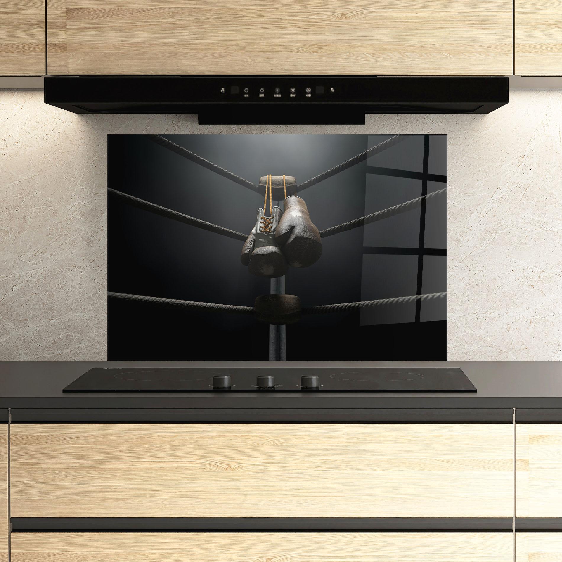 Küchenrückwand Glas Black Boxing Glove mockup 3