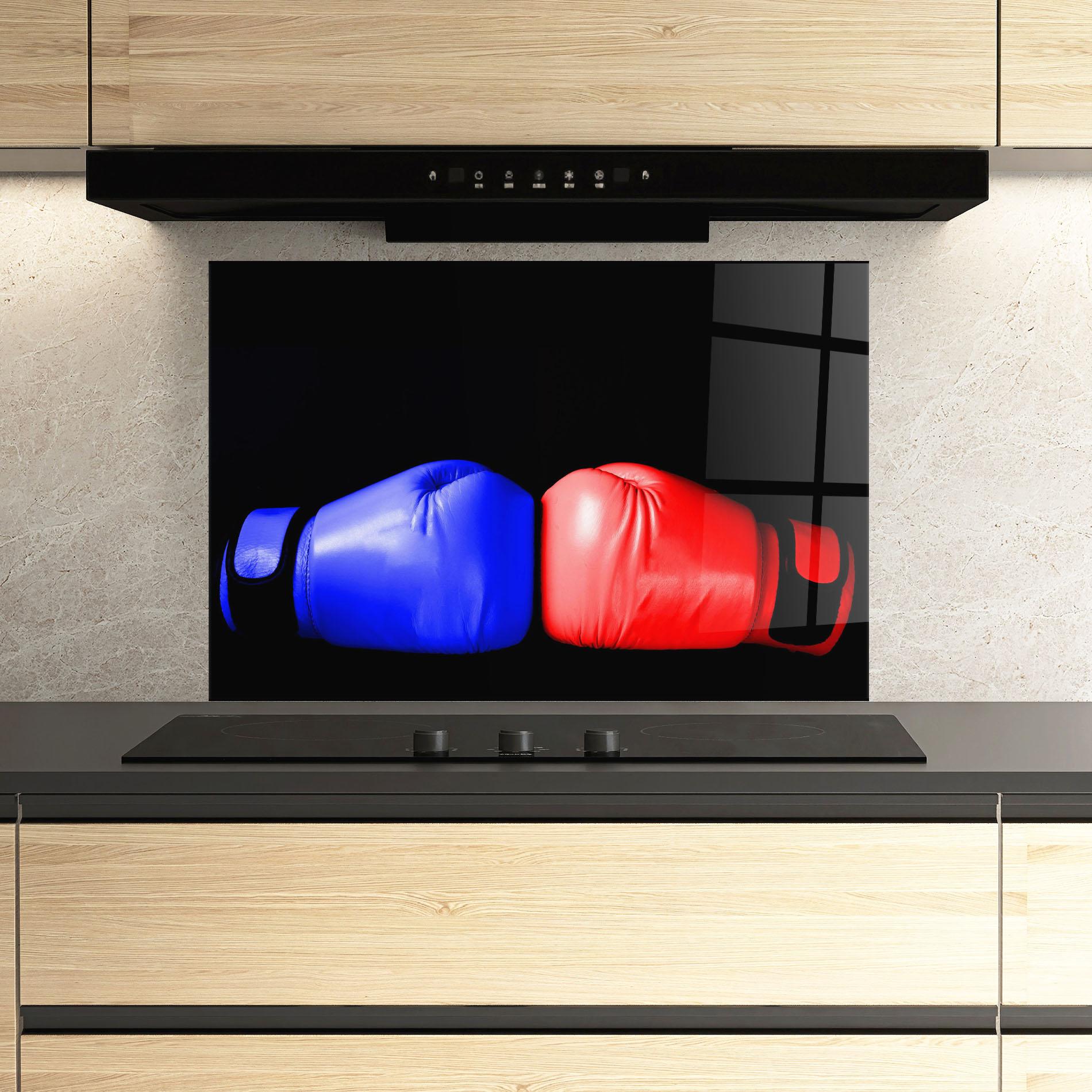 Küchenrückwand Glas Boxing Blue Red Glove mockup 3