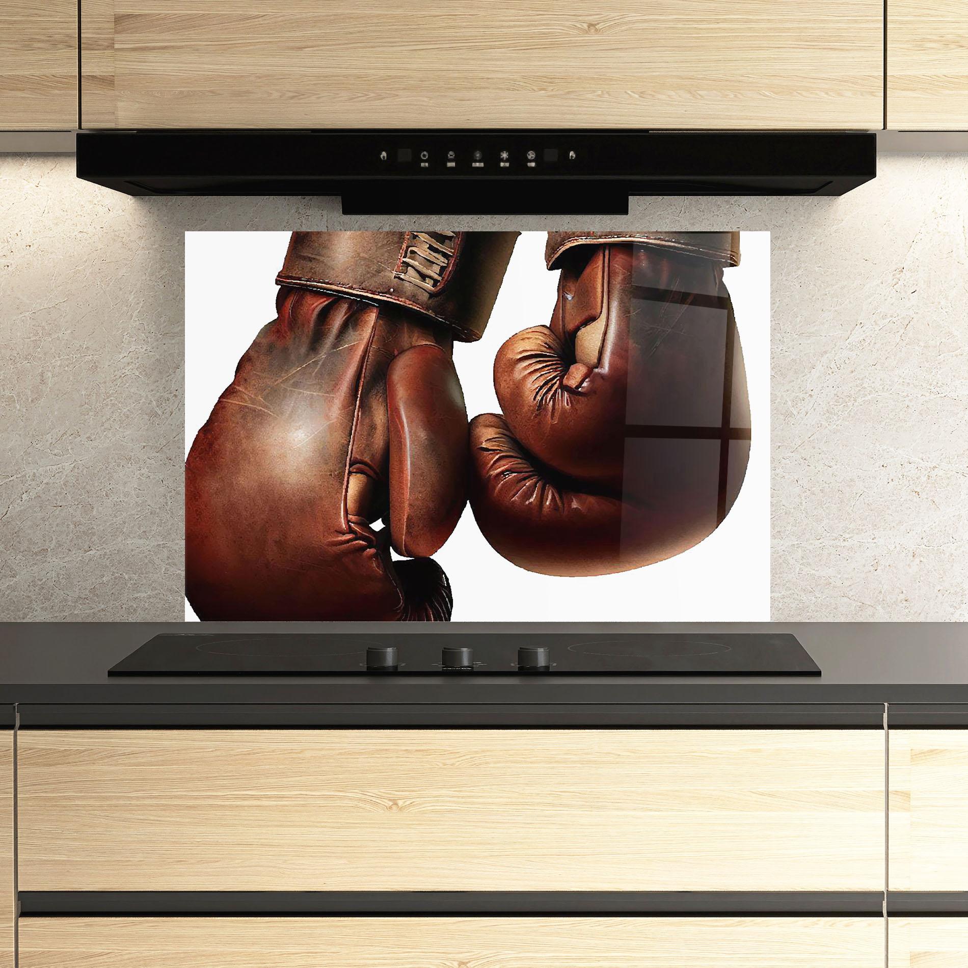 Küchenrückwand Glas Boxing Brown Gloves mockup 3
