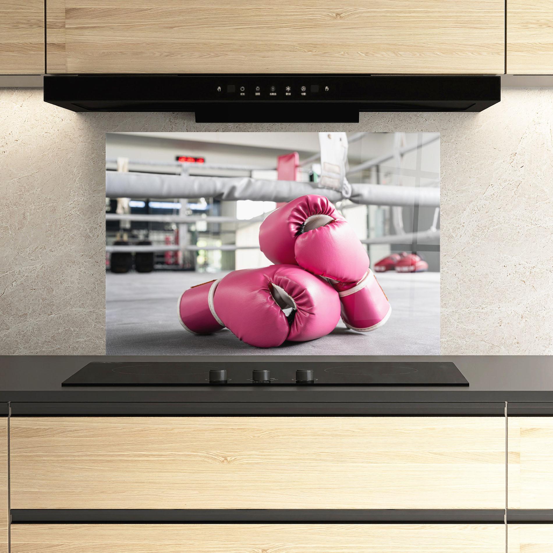 Küchenrückwand Glas Pink Boxing Gloves mockup 3