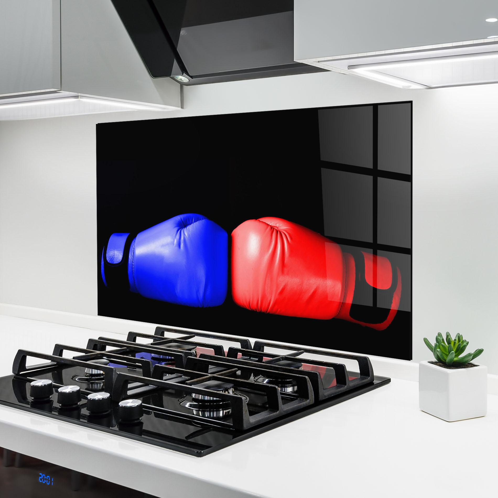 Küchenrückwand Glas Boxing Blue Red Glove mockup 6