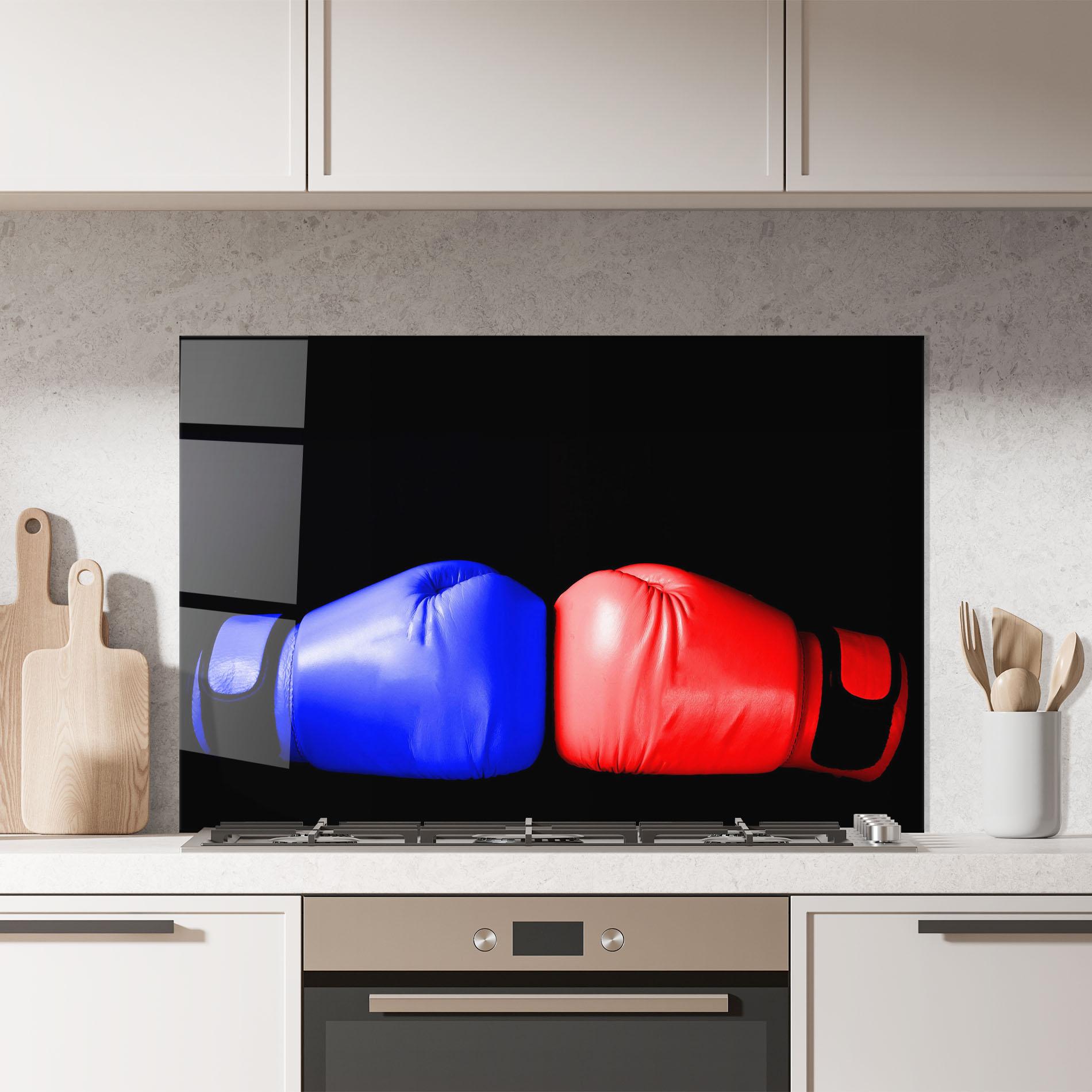 Küchenrückwand Glas Boxing Blue Red Glove mockup 7