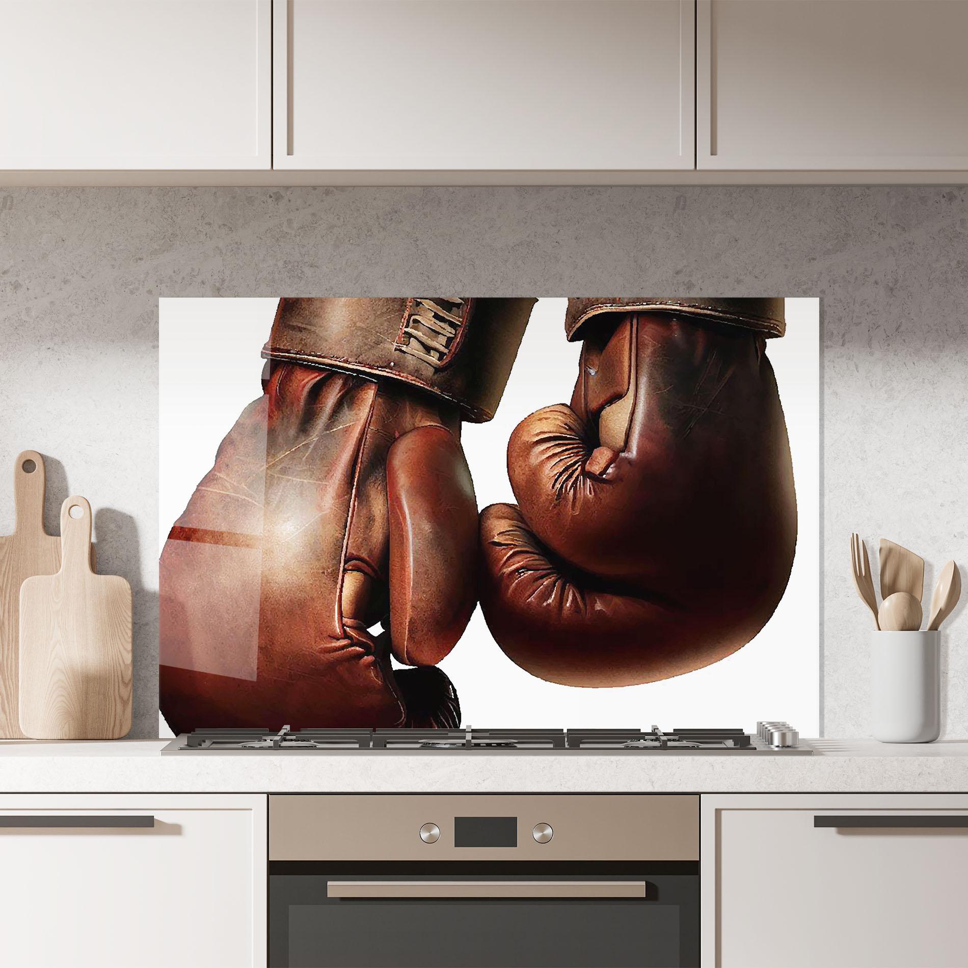 Küchenrückwand Glas Boxing Brown Gloves mockup 7