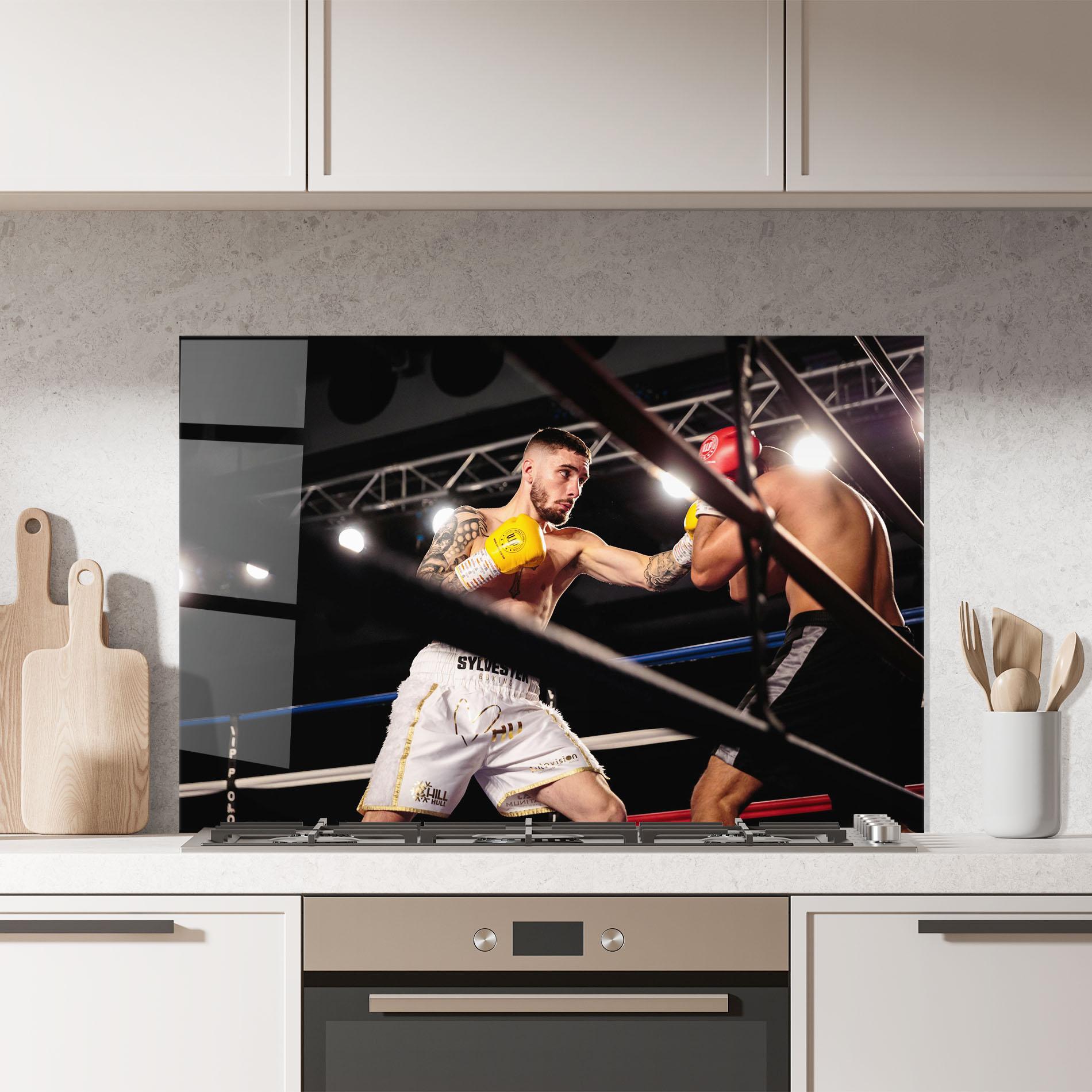 Küchenrückwand Glas Yellow Gloves mockup 7