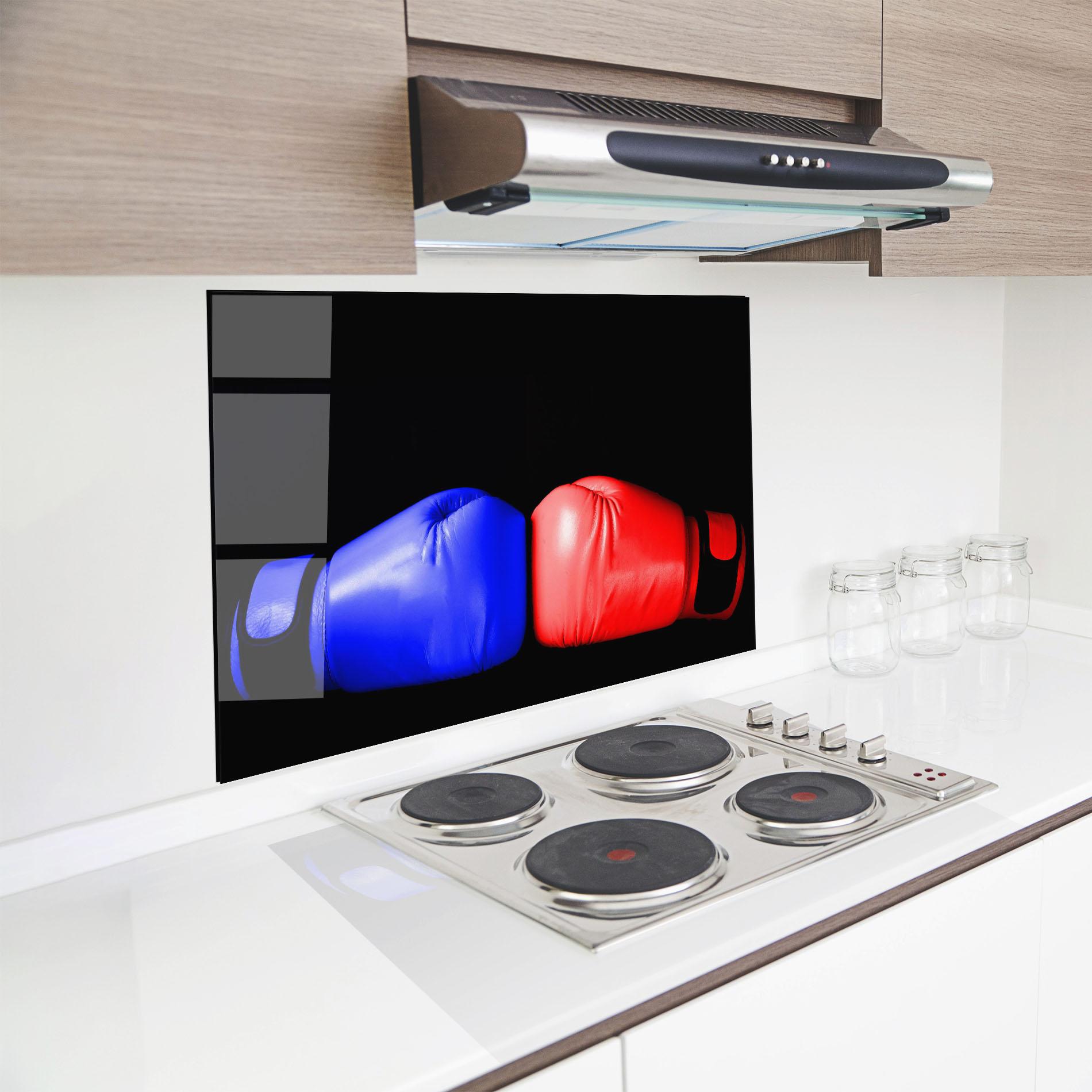 Küchenrückwand Glas Boxing Blue Red Glove mockup 8