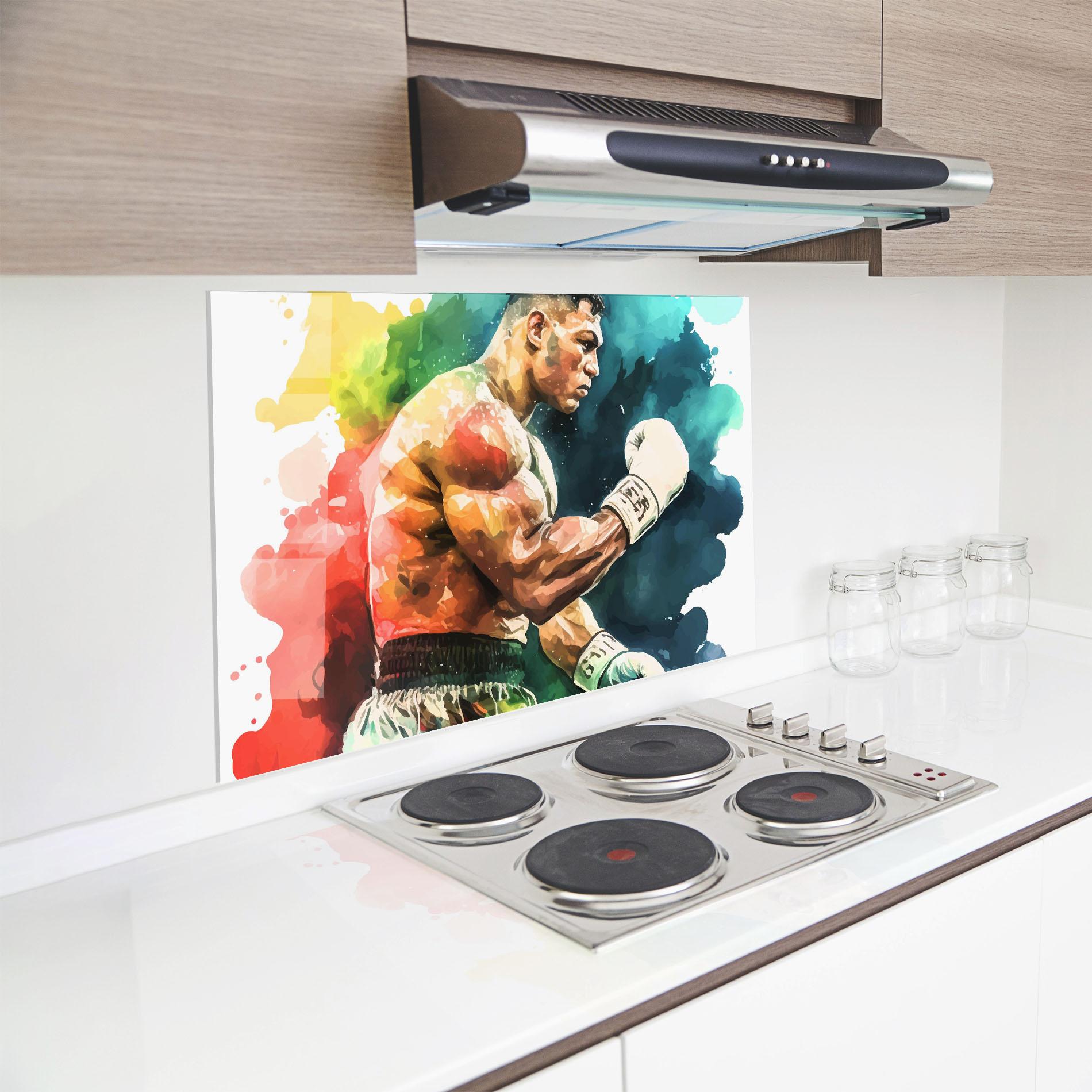Küchenrückwand Glas Boxing Blue Red mockup 8