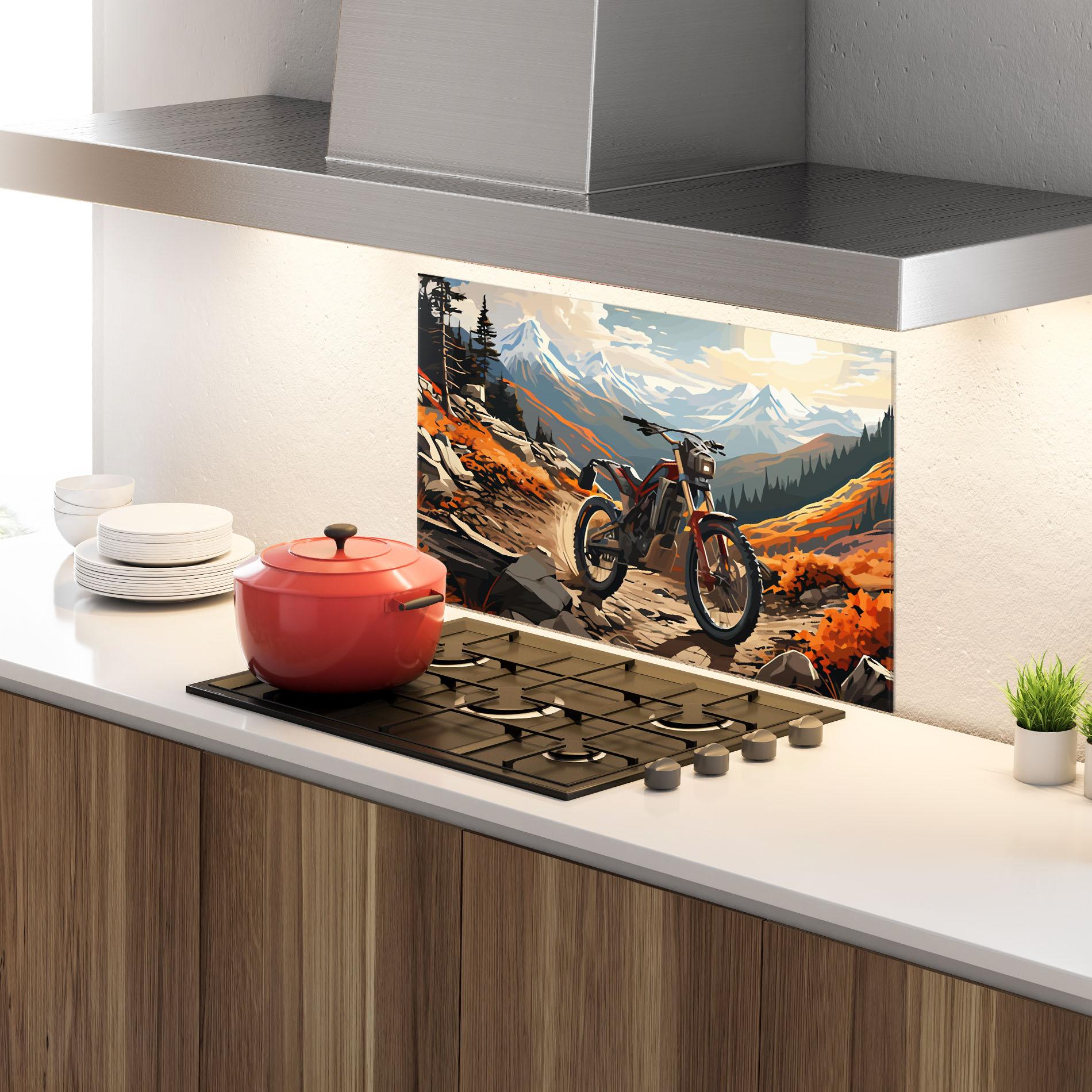 Küchenrückwand Glas Bike Mountain mockup 4