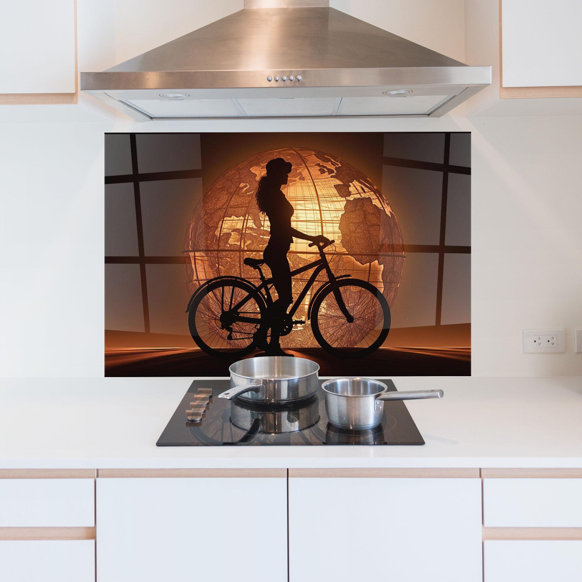Küchenrückwand Glas Globe Bike Shilouette mockup 5