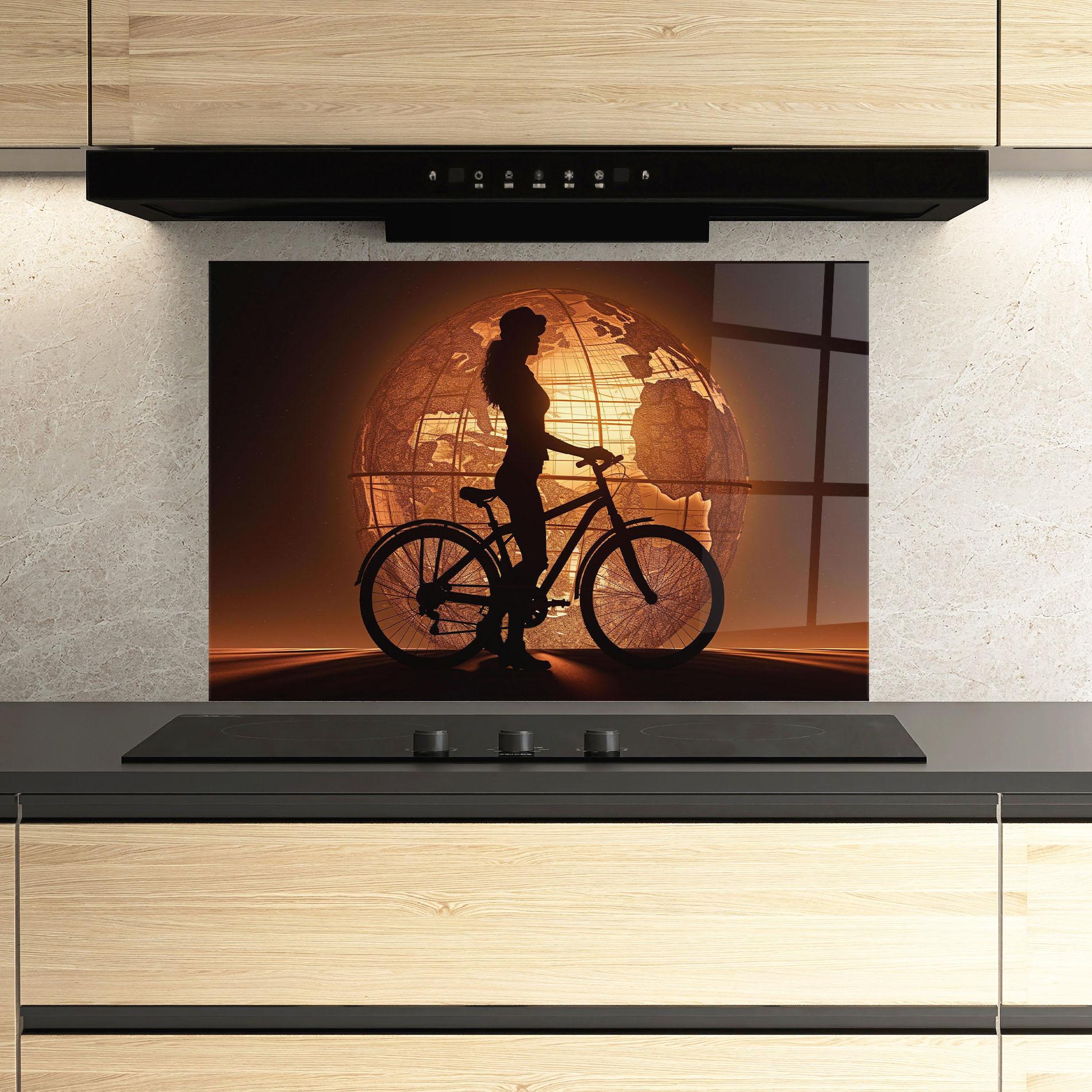 Küchenrückwand Glas Globe Bike Shilouette mockup 3