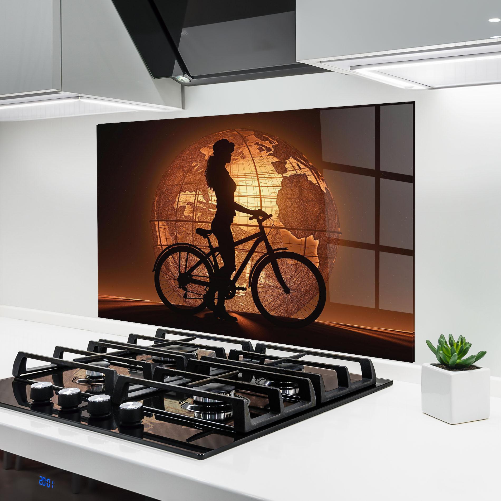 Küchenrückwand Glas Globe Bike Shilouette mockup 6