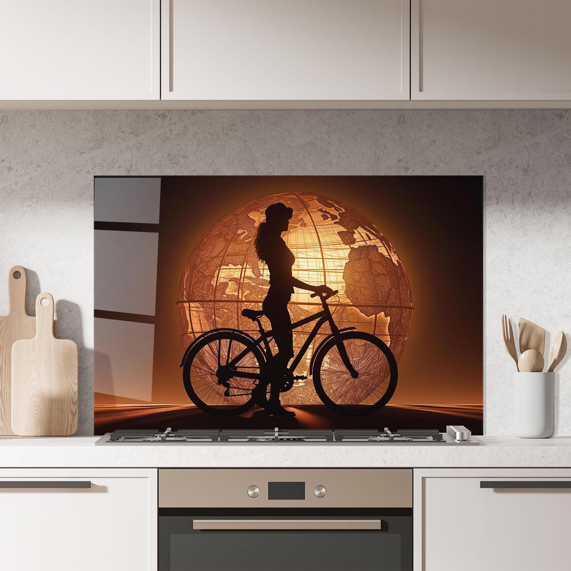 Küchenrückwand Glas Globe Bike Shilouette mockup 7