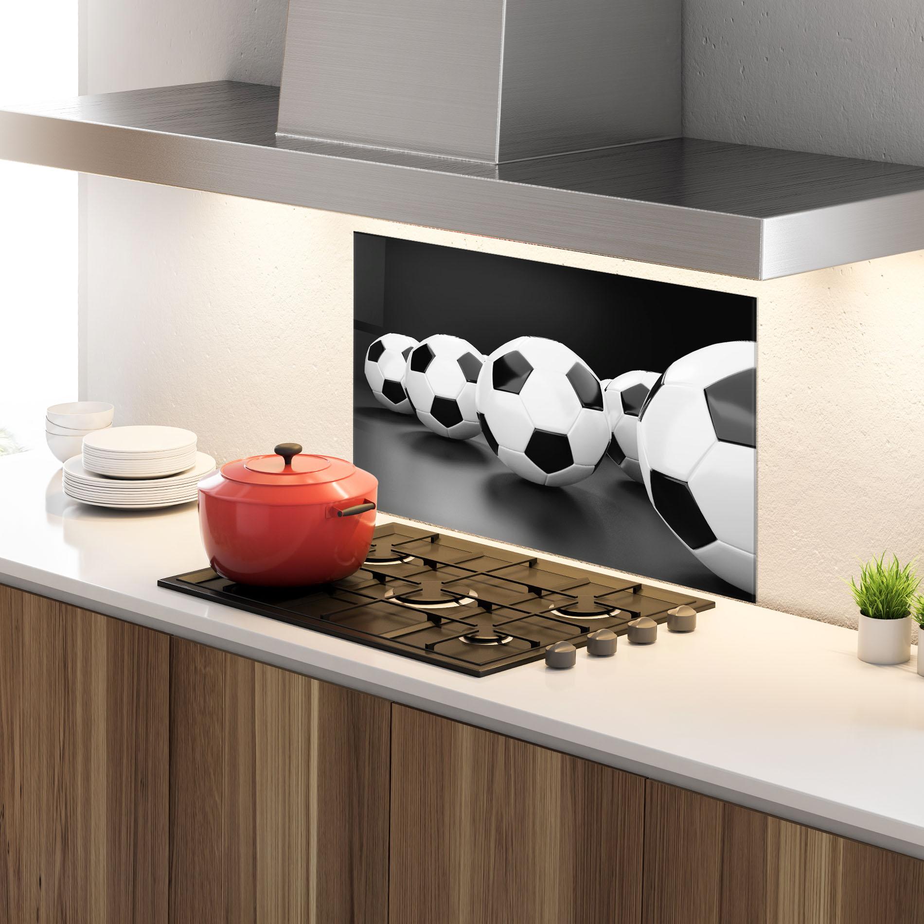 Küchenrückwand Glas Black White Football mockup 4
