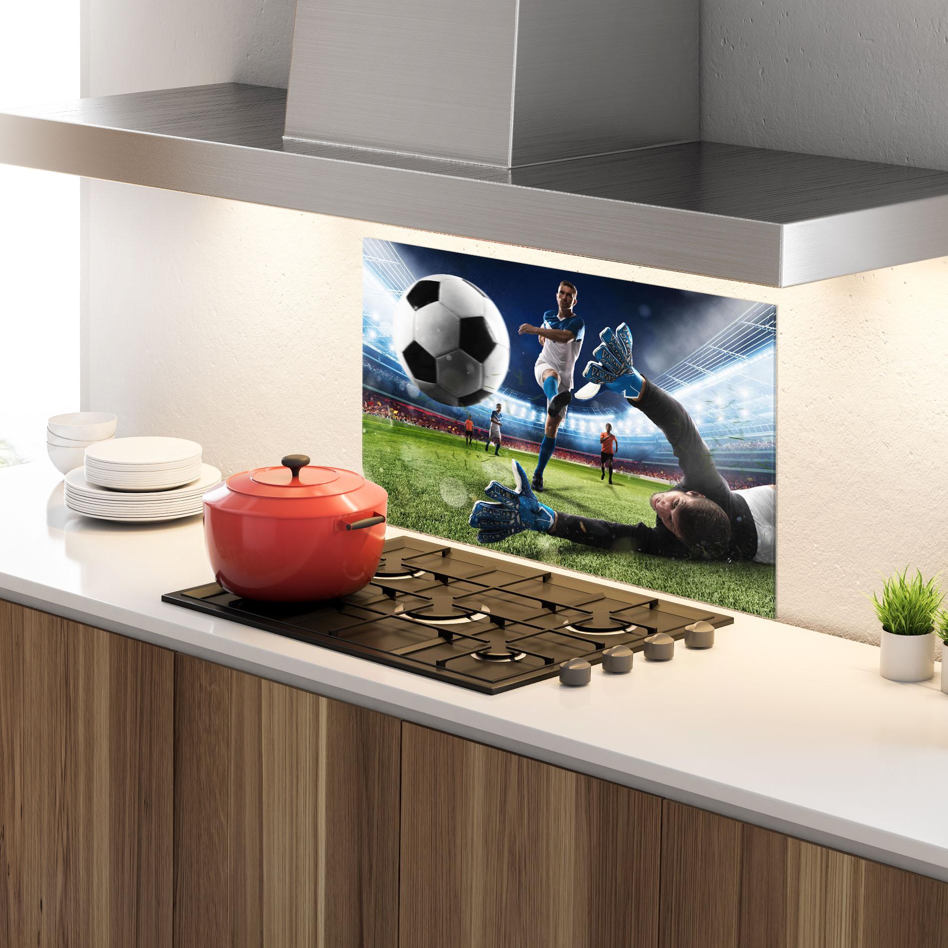 Küchenrückwand Glas Goalkeeper Kicks Ball mockup 4