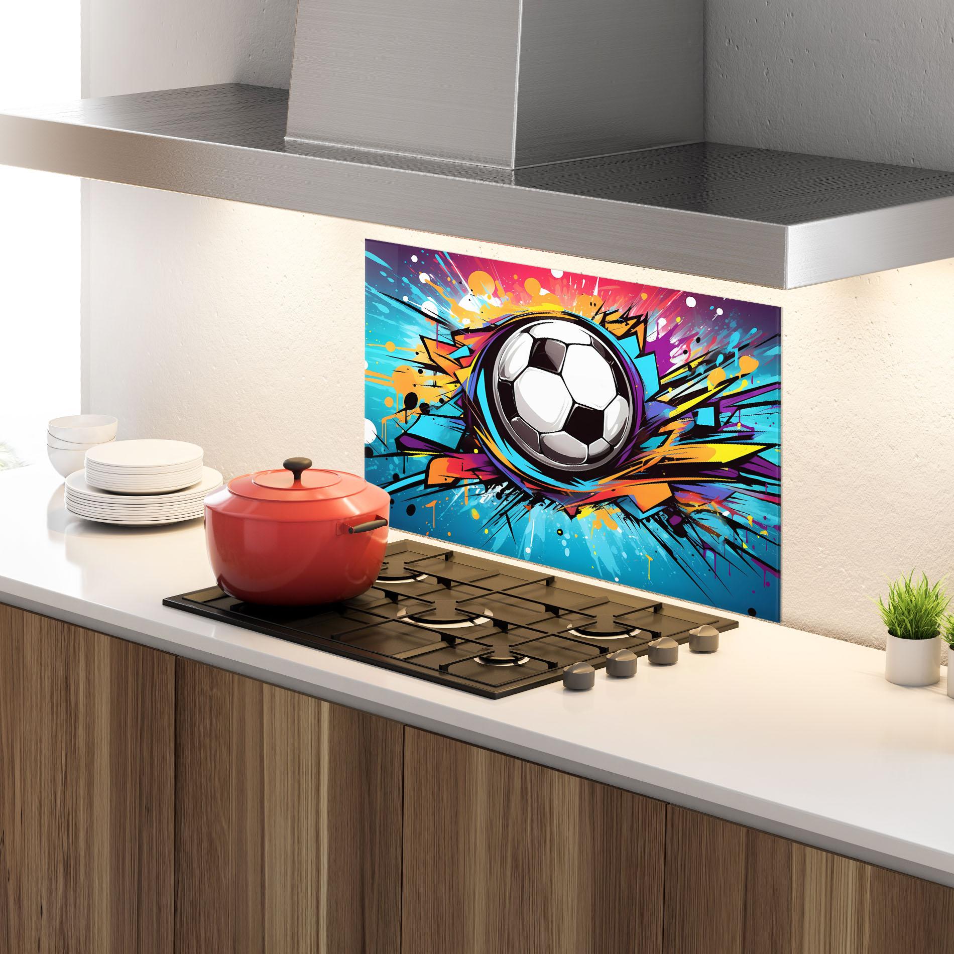 Küchenrückwand Glas Graffiti Football Flight mockup 4