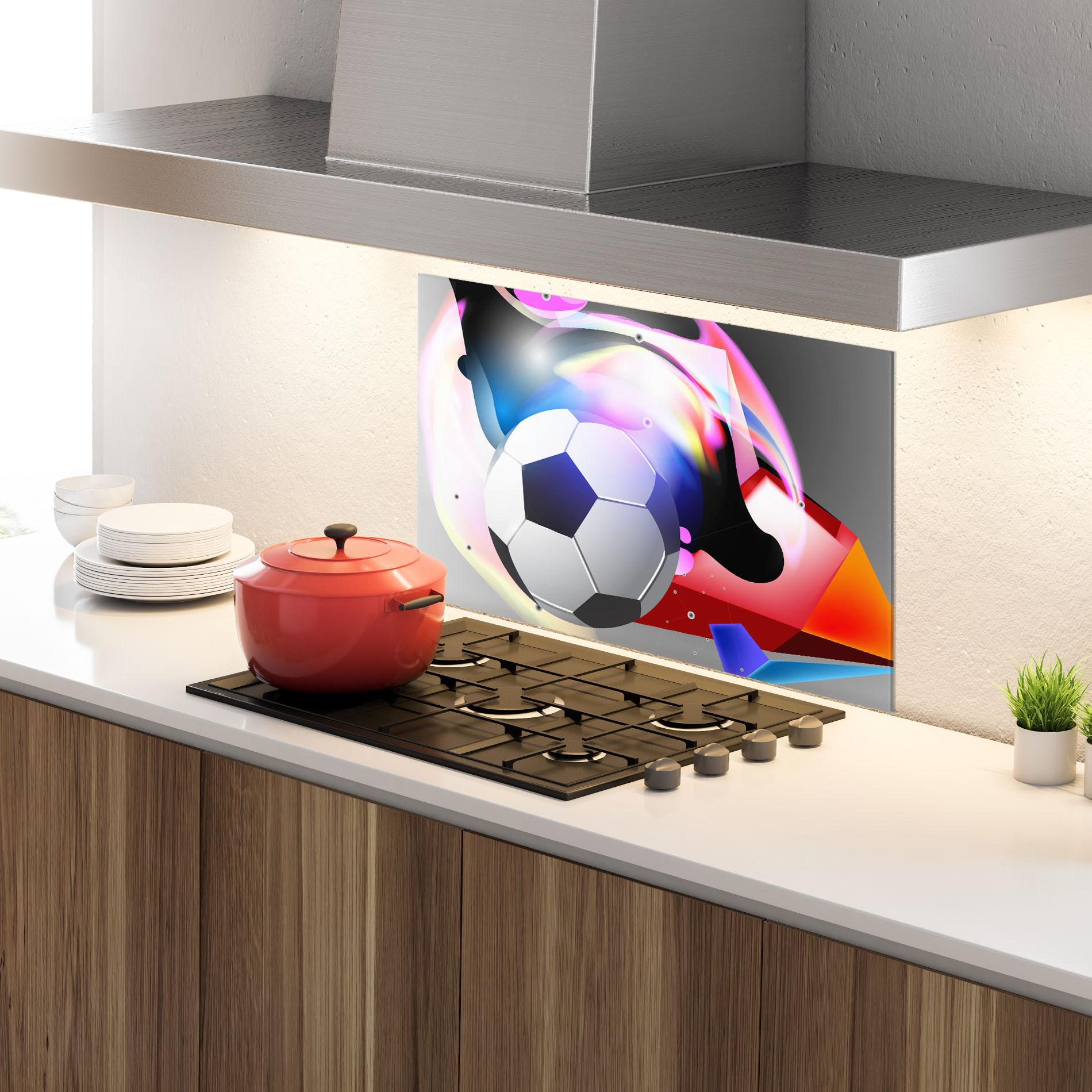 Küchenrückwand Glas Pink Blue Football Art mockup 4