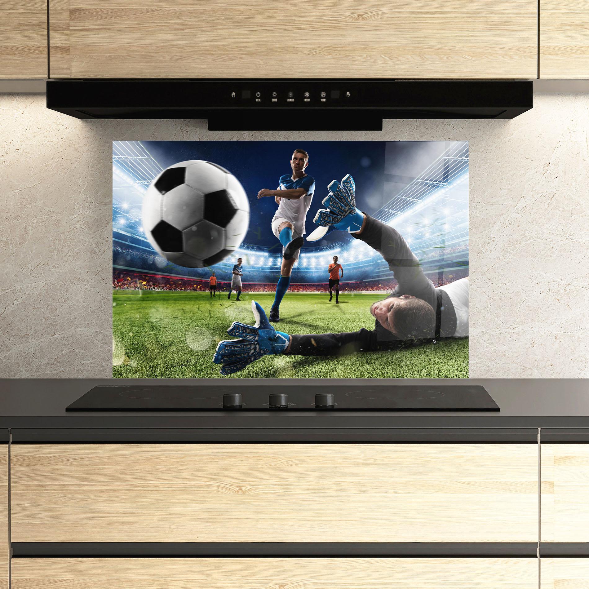 Küchenrückwand Glas Goalkeeper Kicks Ball mockup 3
