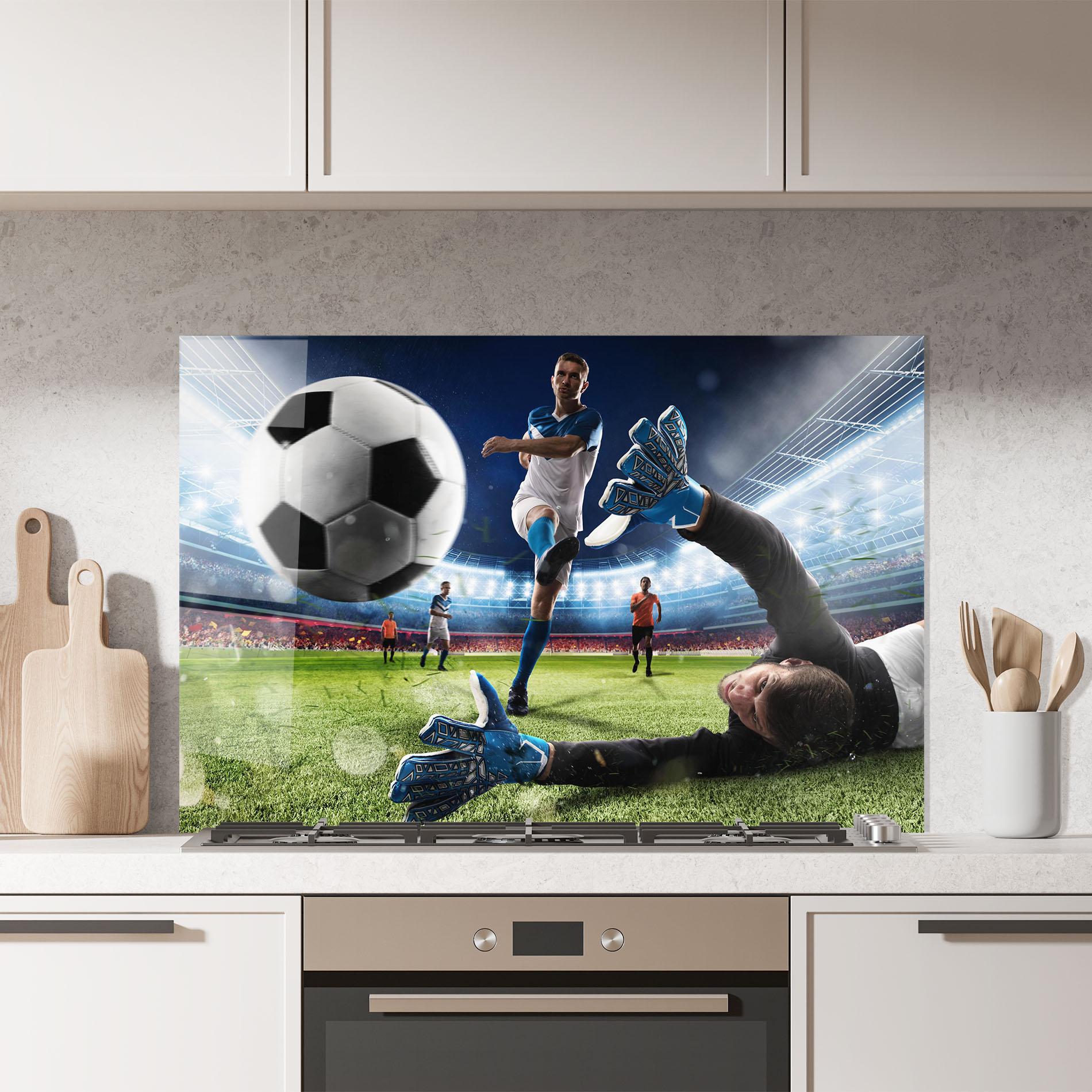 Küchenrückwand Glas Goalkeeper Kicks Ball mockup 7
