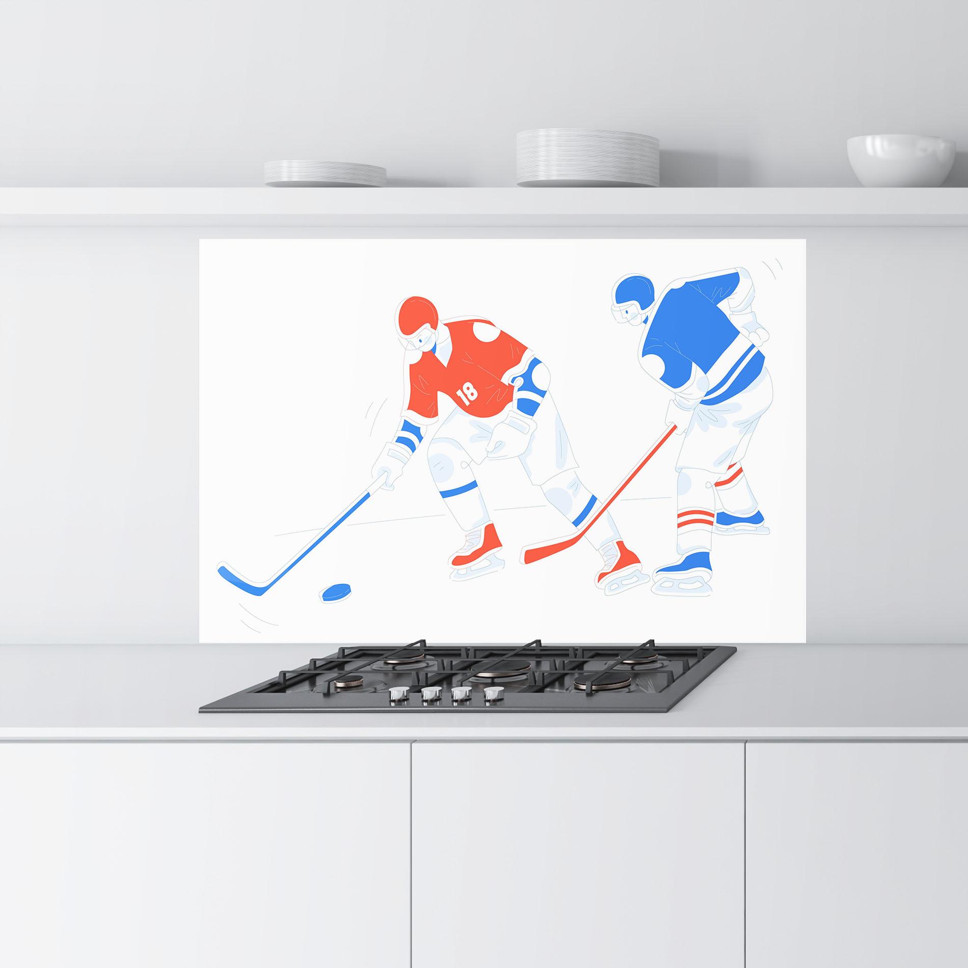 Küchenrückwand Glas Orange Blue Hockey mockup 9