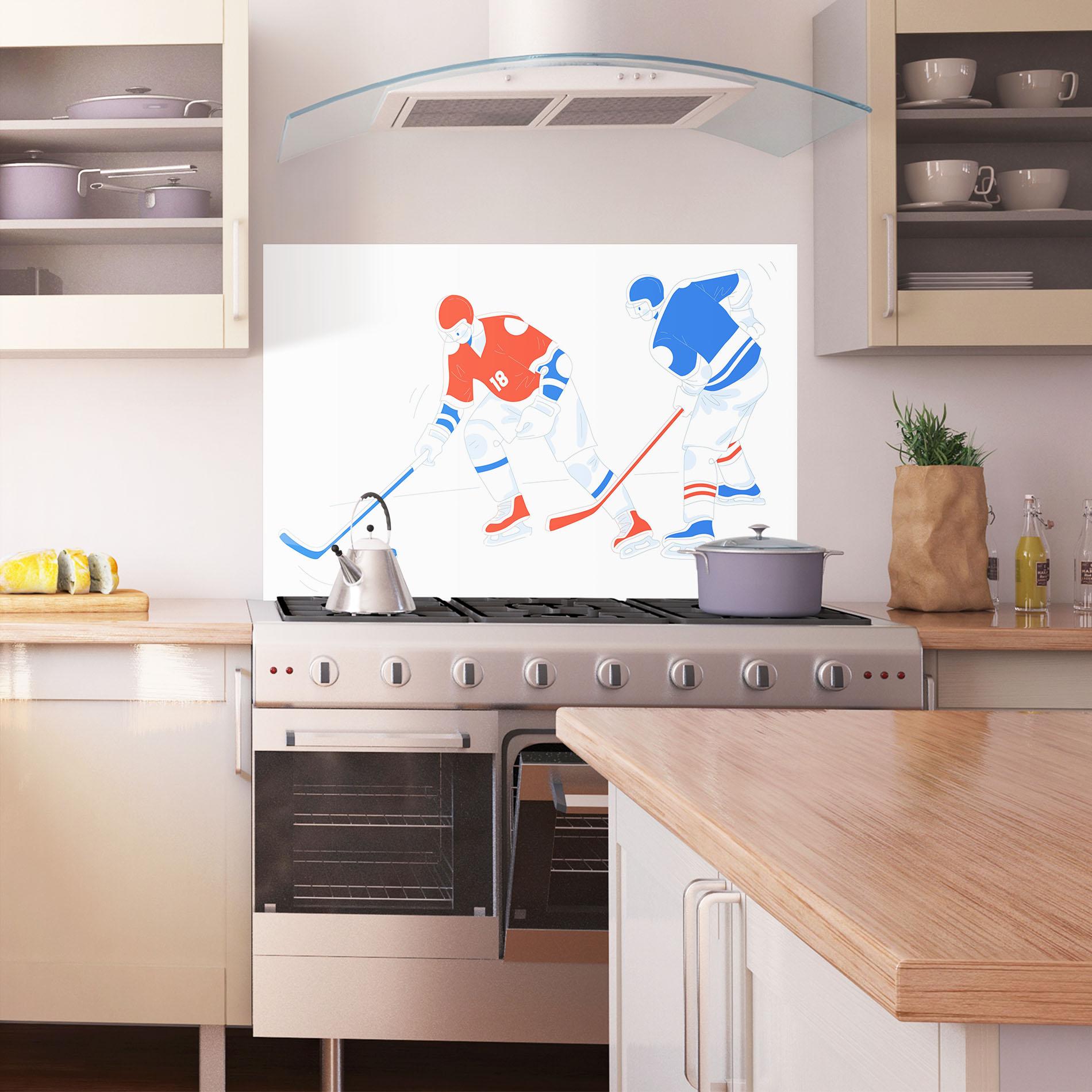 Küchenrückwand Glas Orange Blue Hockey mockup 1