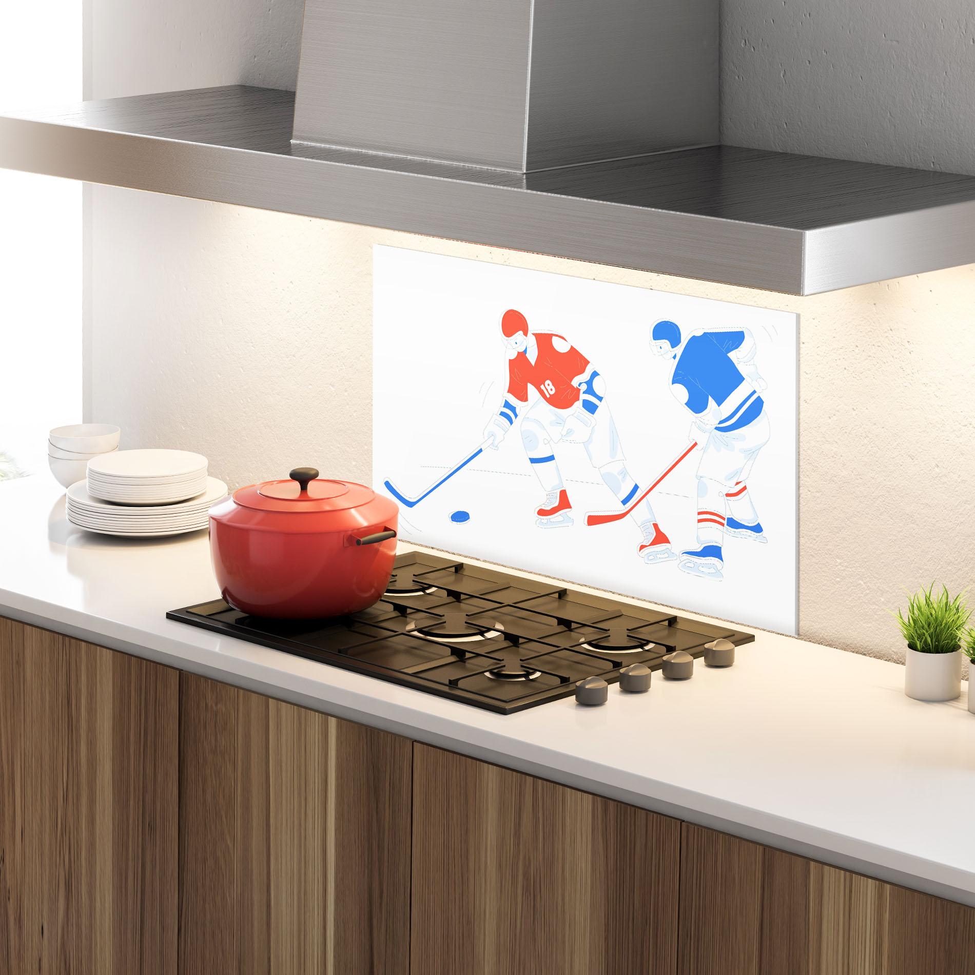 Küchenrückwand Glas Orange Blue Hockey mockup 4