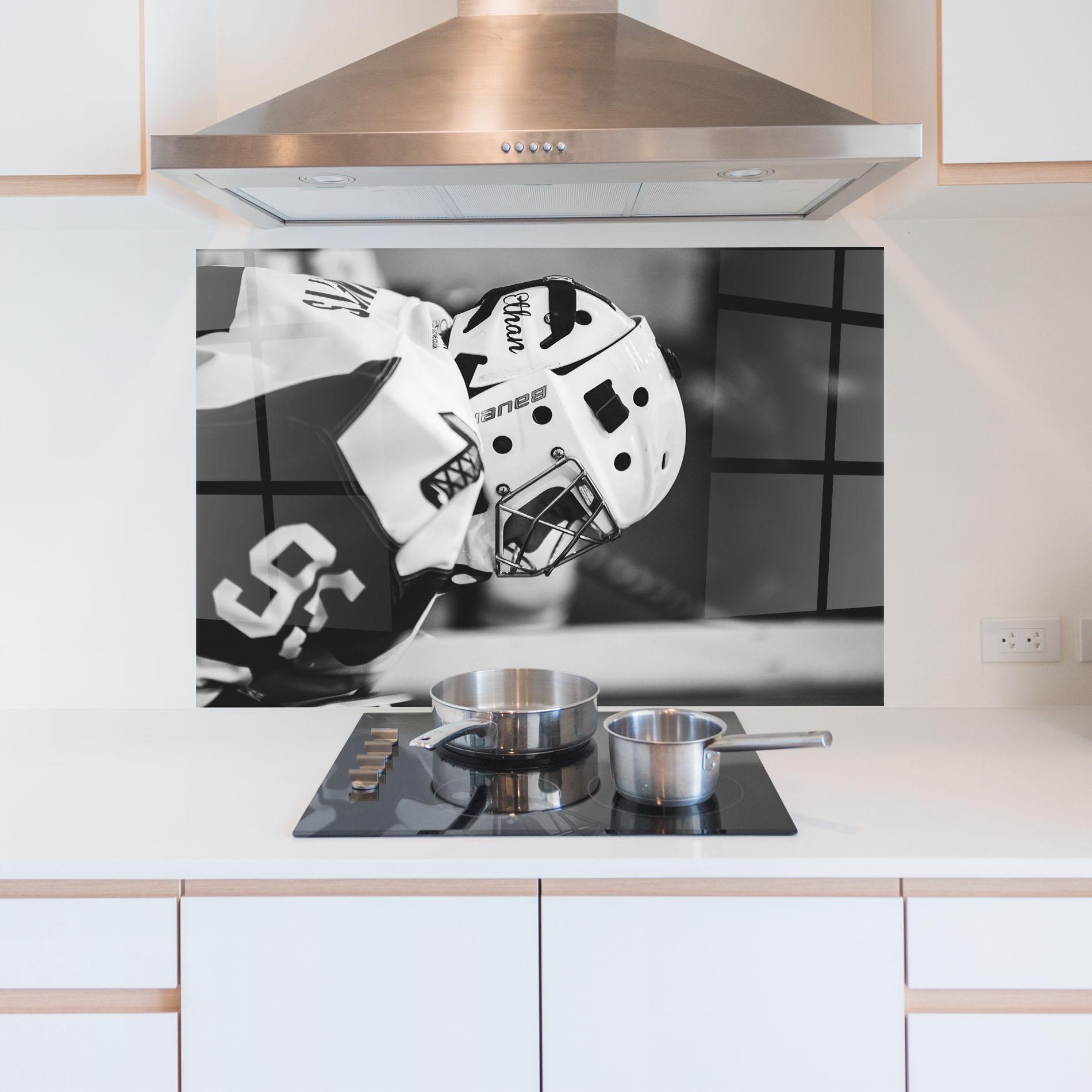 Küchenrückwand Glas Black White Hockey mockup 5