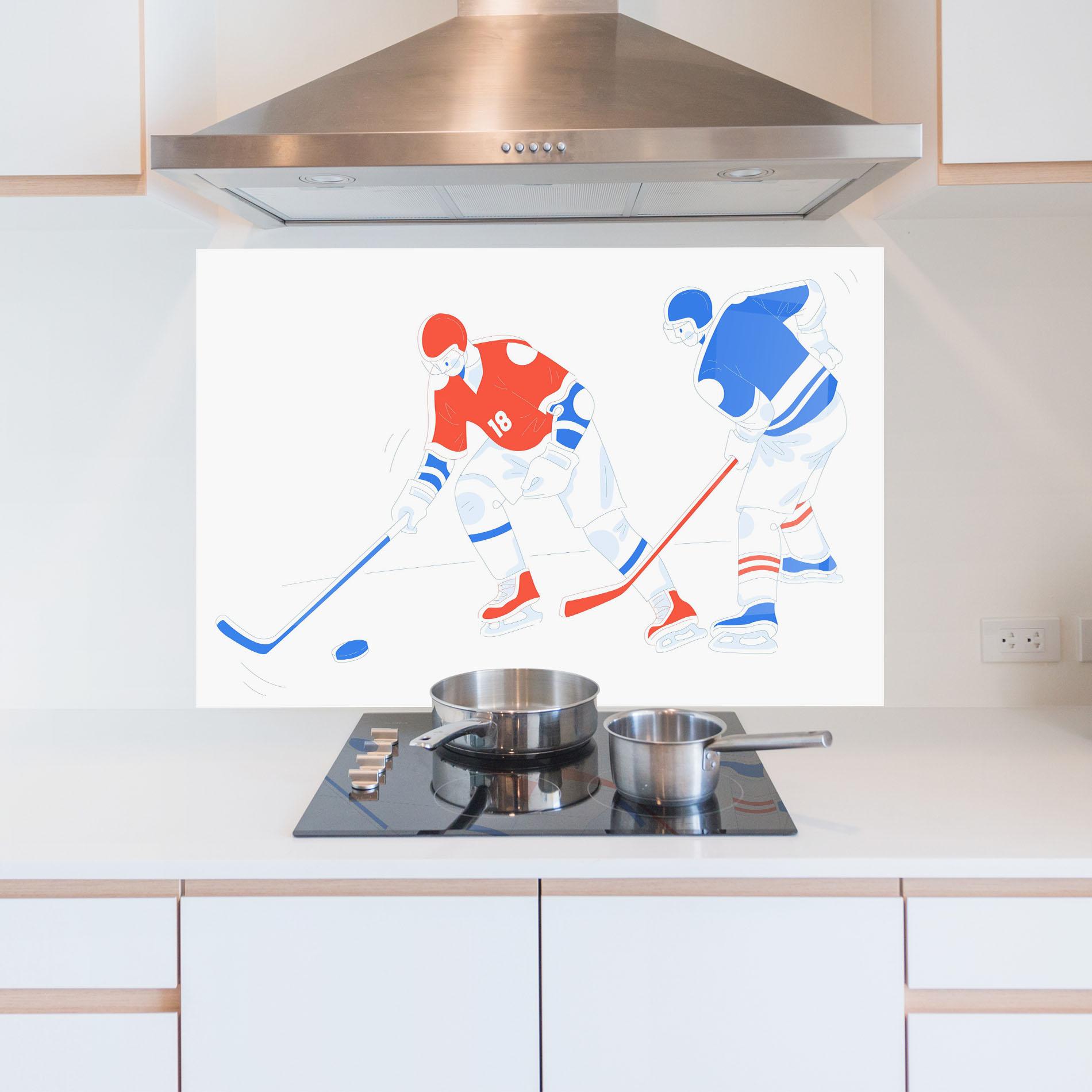 Küchenrückwand Glas Orange Blue Hockey mockup 5