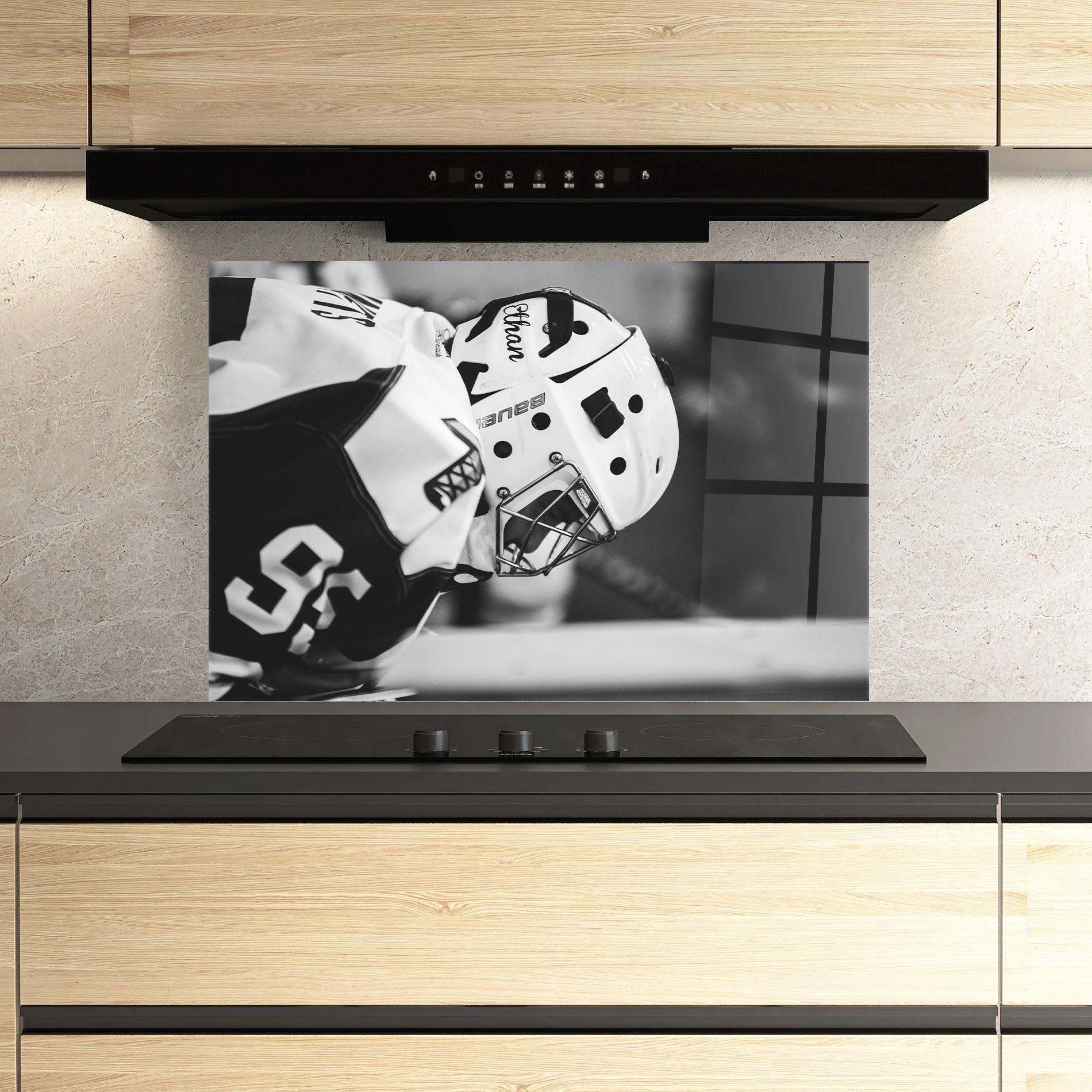 Küchenrückwand Glas Black White Hockey mockup 3